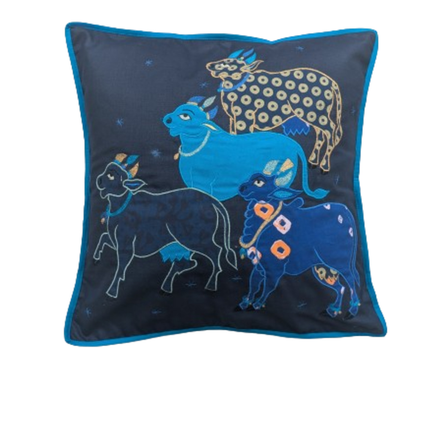 Nandi Embroidered Patchwork Dupion Silk 16x16 Blue Cushion Cover