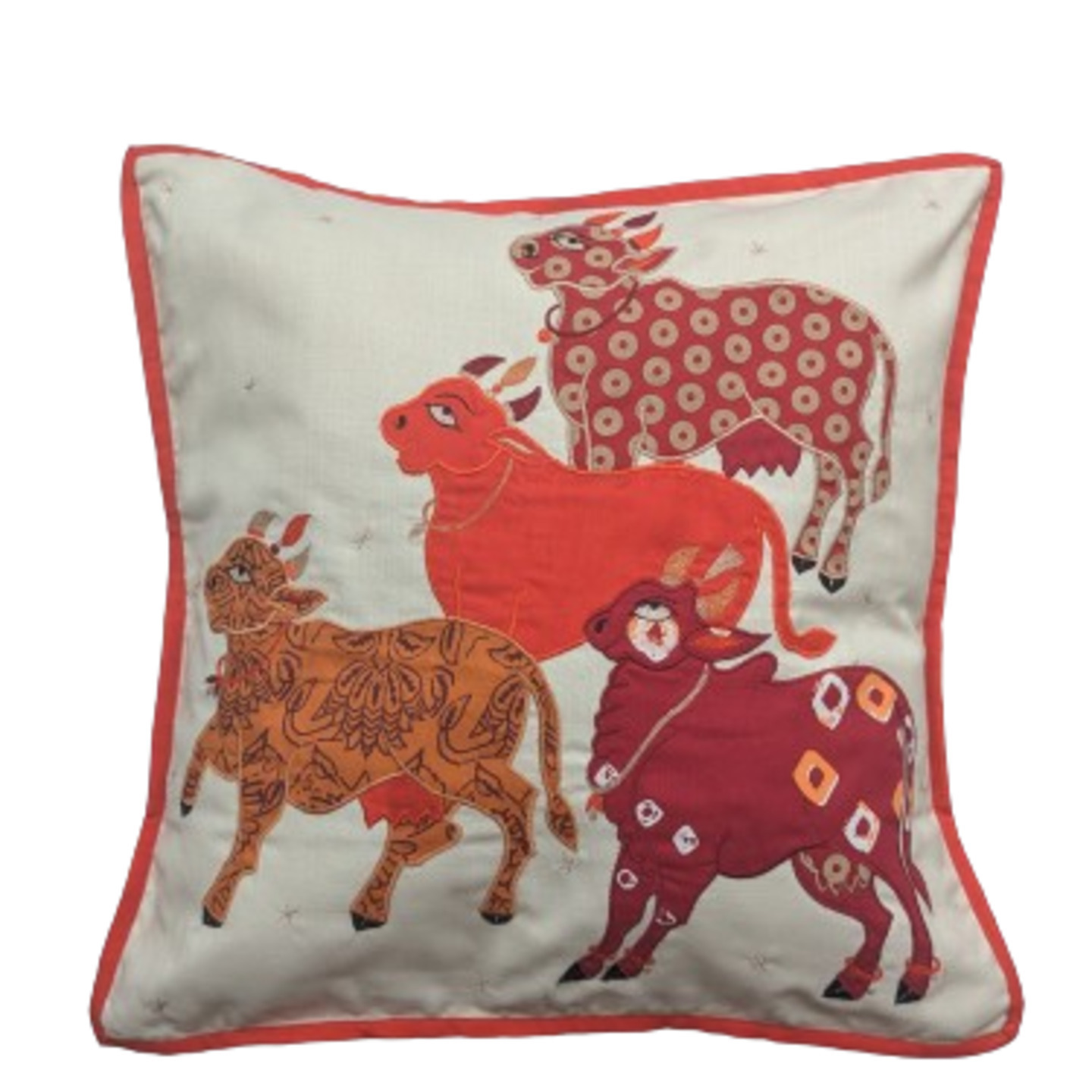 Nandi Embroidered Patchwork Silk 16x16 Creme & Red Cushion Cover