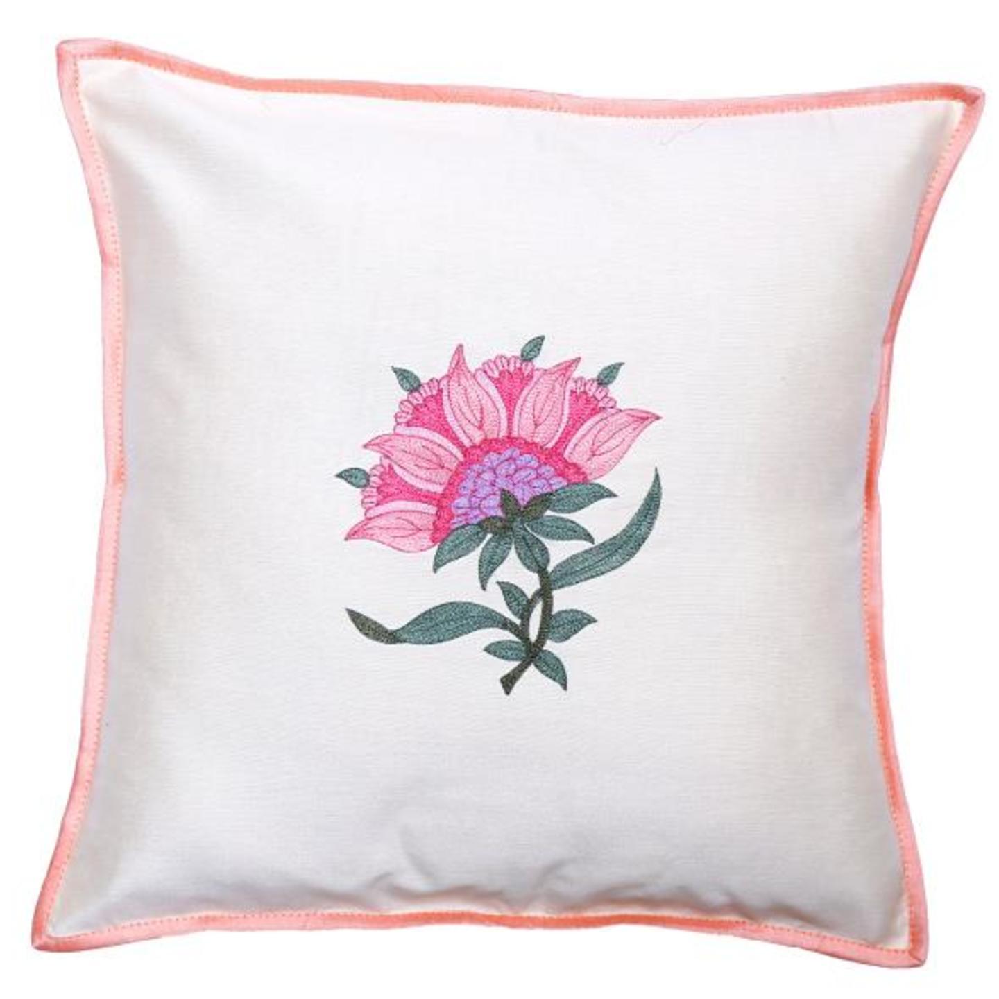 Floral Embroidered Tassar Silk 16x16 Baby Pink Cushion Cover