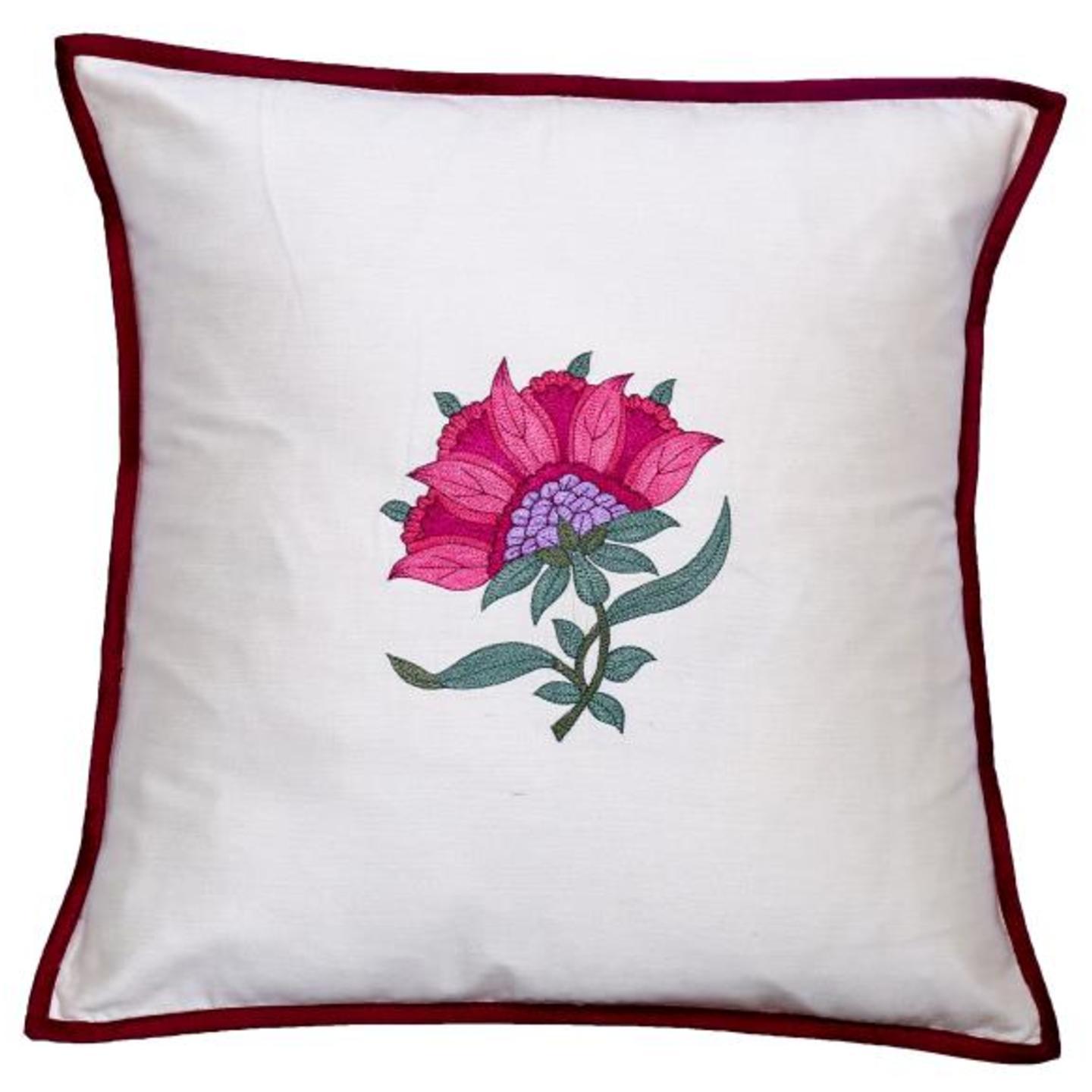 Floral Embroidered Tassar Silk 16x16 Mauve Cushion Cover