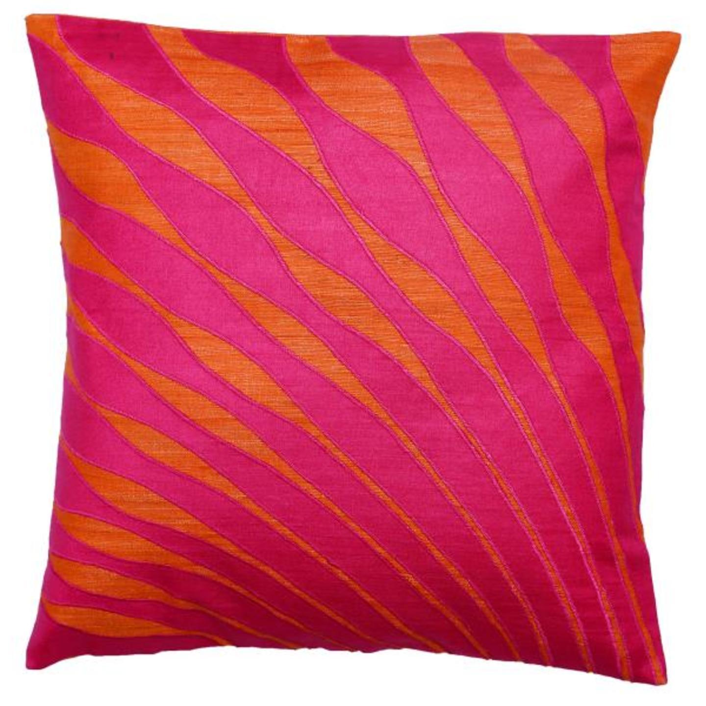 Mor Pankh Embroidered Patchwork Tassar Silk 16x16 Pink Cushion Cover