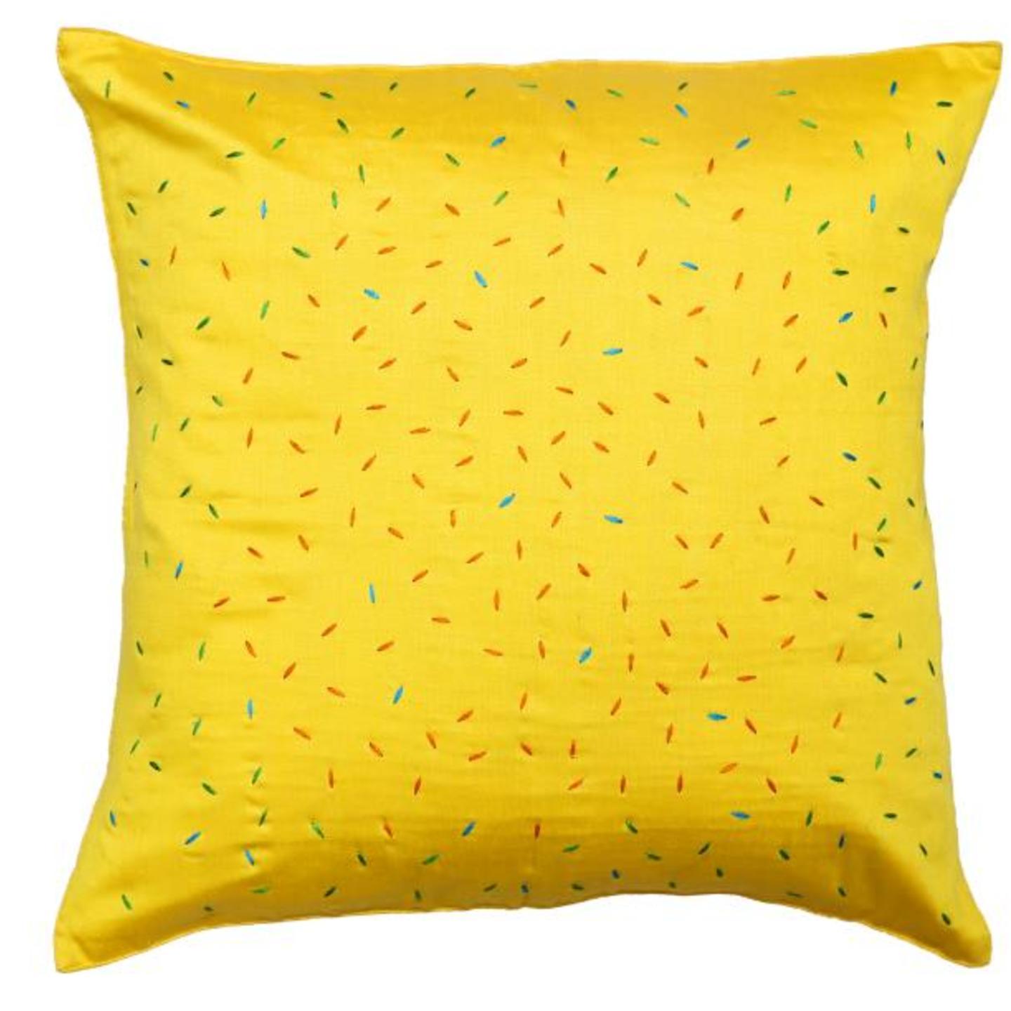 Chawal Embroidered Tassar Silk 16x16 Yellow Cushion Cover