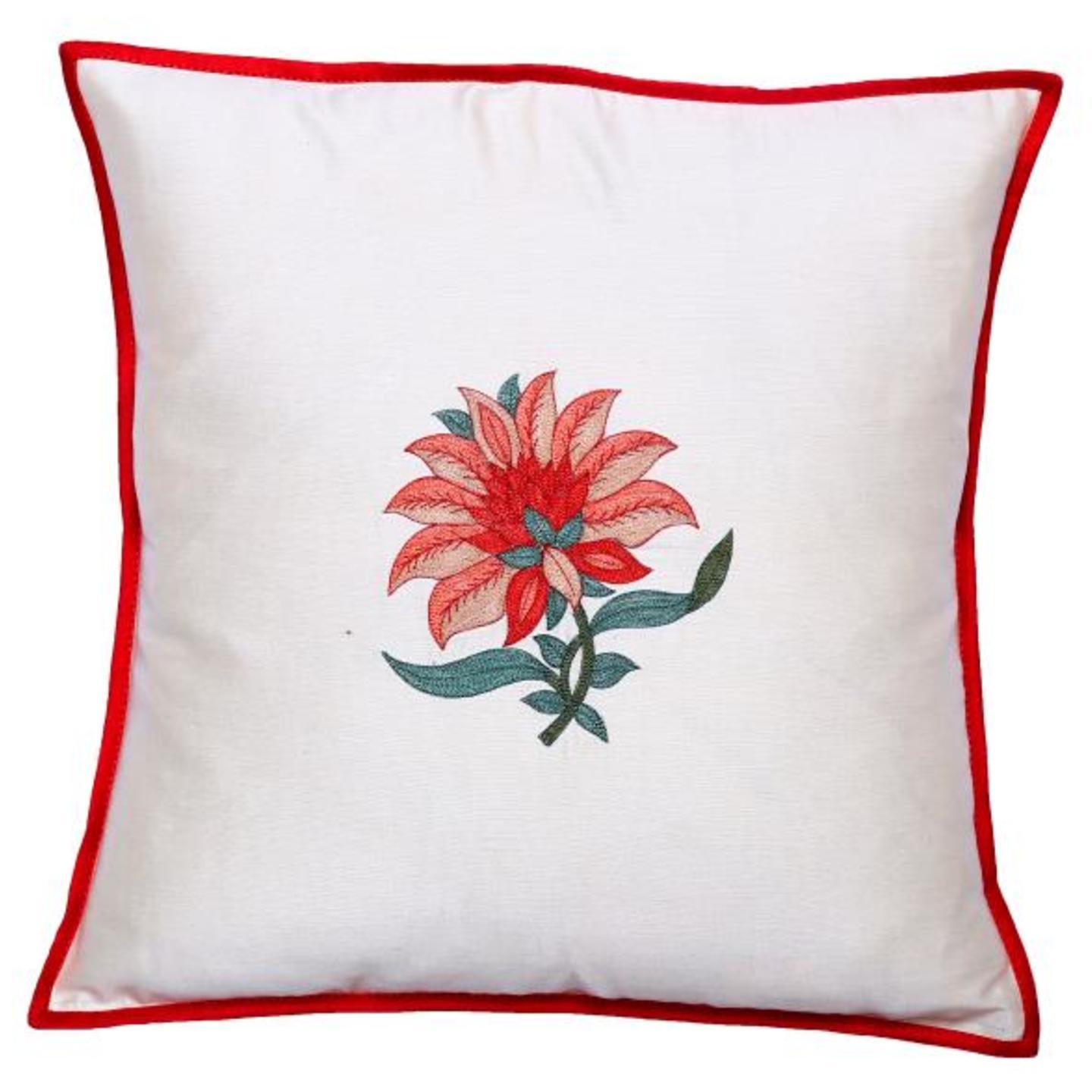 Floral Embroidered Tassar Silk 16x16 Red Cushion Cover