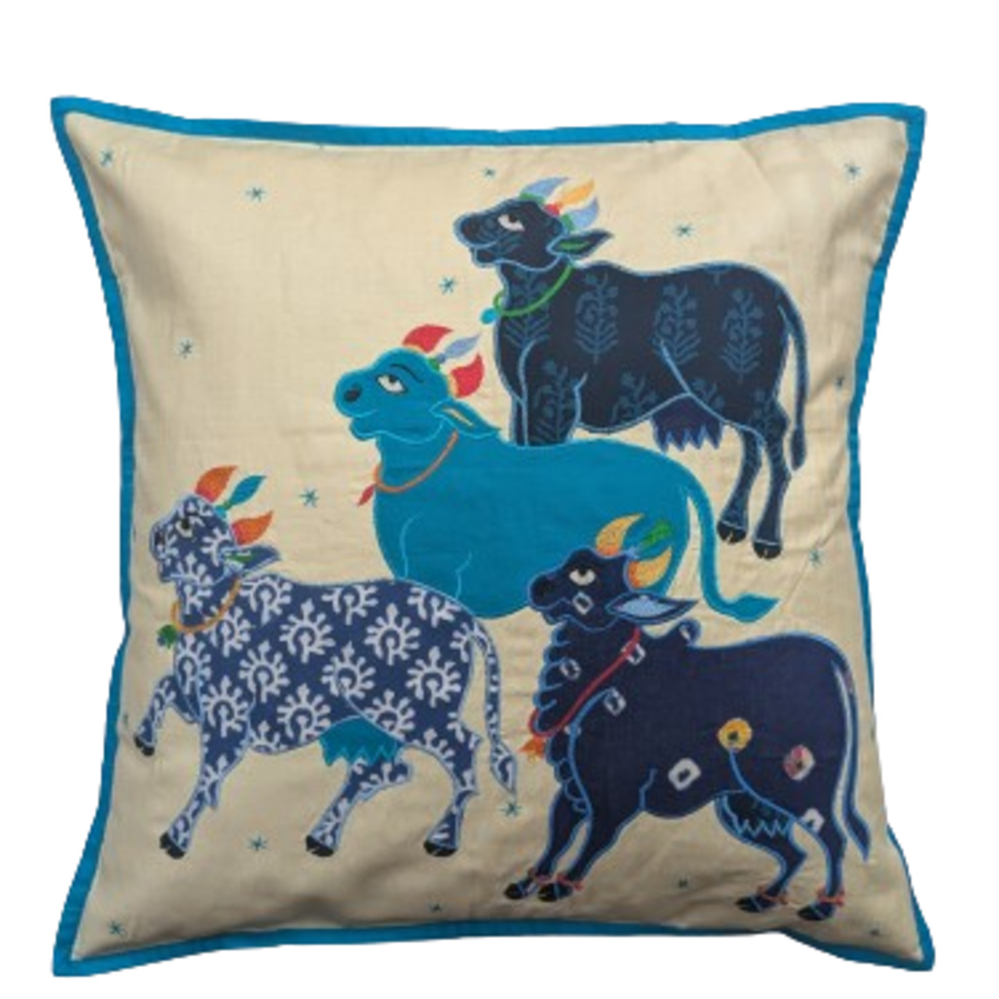 Nandi Embroidered Patchwork Silk 16x16 Creme & Blue Cushion Cover