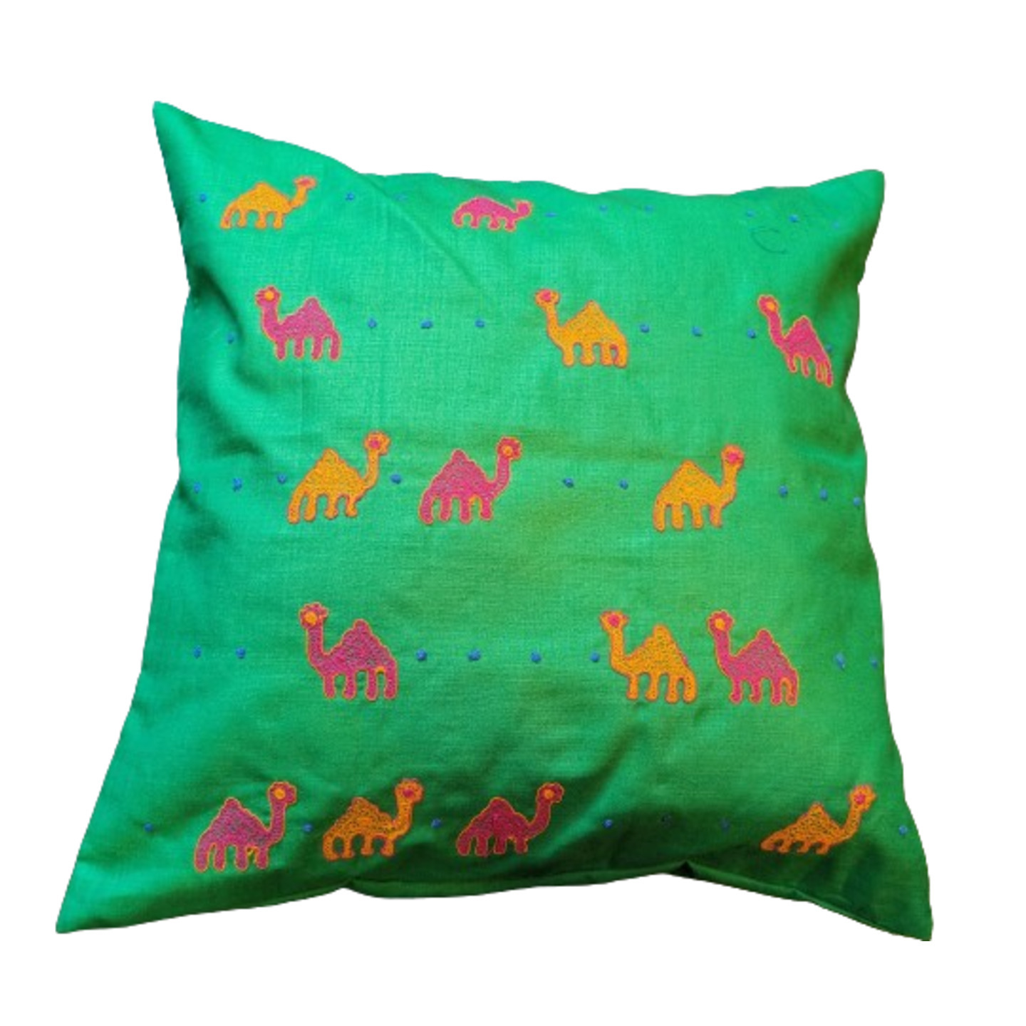 Camel Embroidered Tassar Silk 16x16 Green Cushion Cover