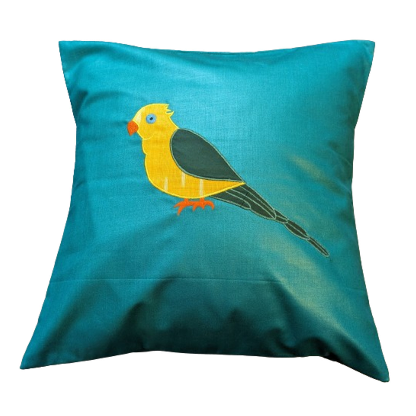 Parrot Embroidered Patchwork Silk 16x16 Green Cushion Cover