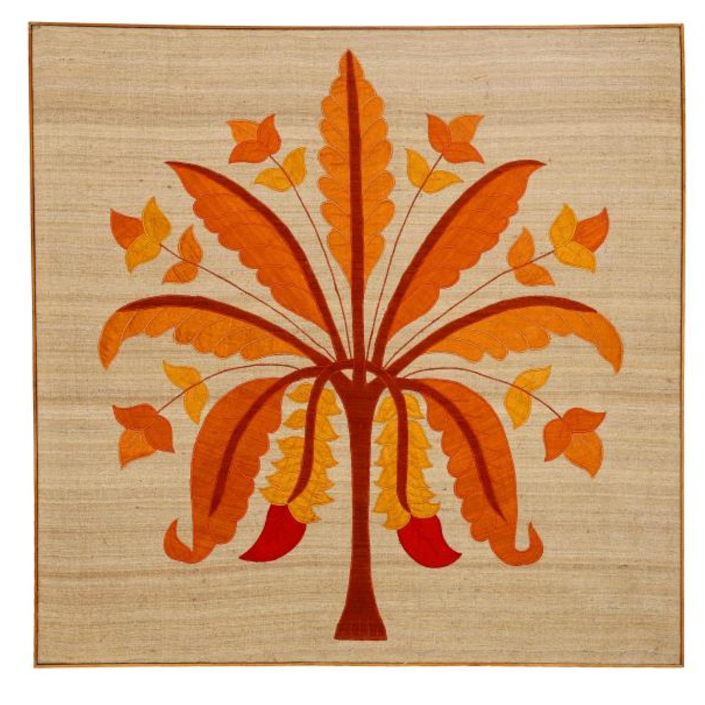 Banana Tree Embroidered Patchwork MG Silk 36x36 Orange Wall Art