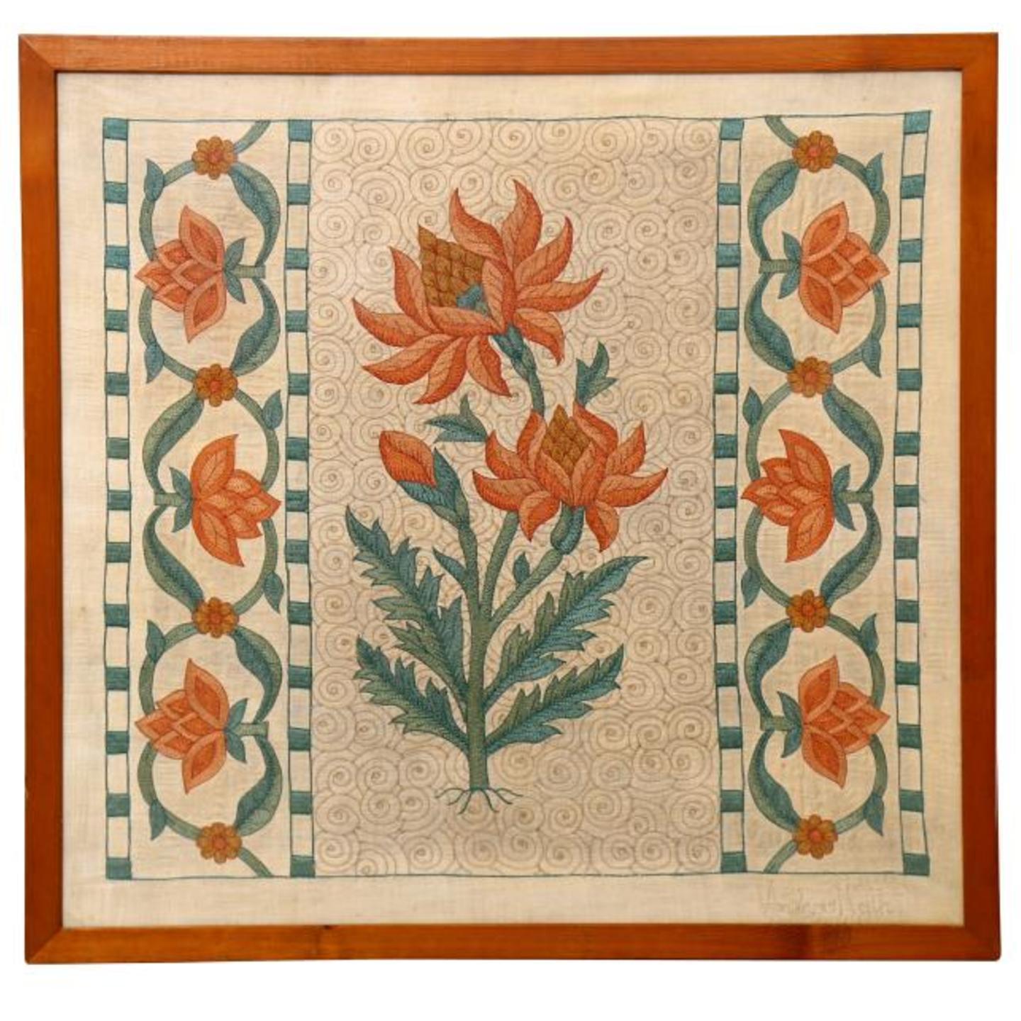Marigold Embroidered Tassar Silk 21.5x21.5 Wall Art