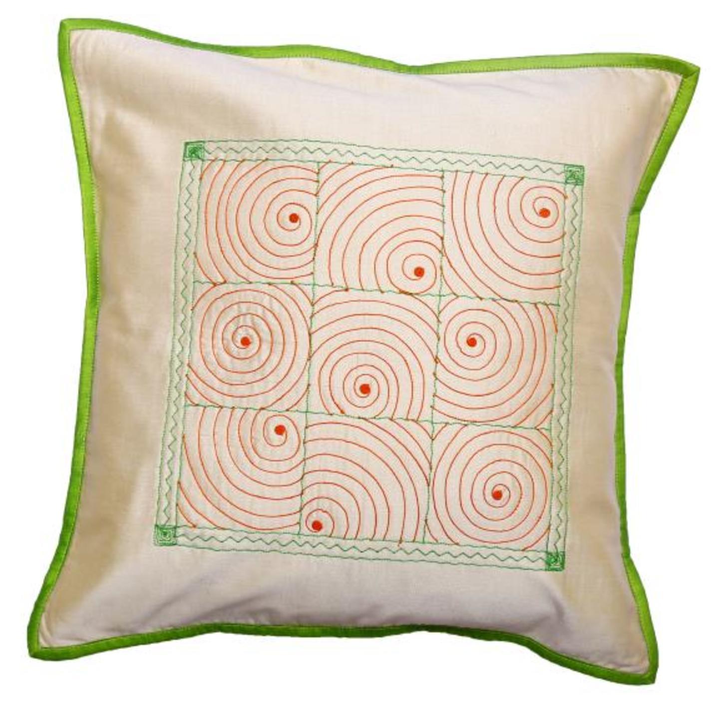 Gudri Embroidered Tassar Silk 16x16 Green Cushion Cover