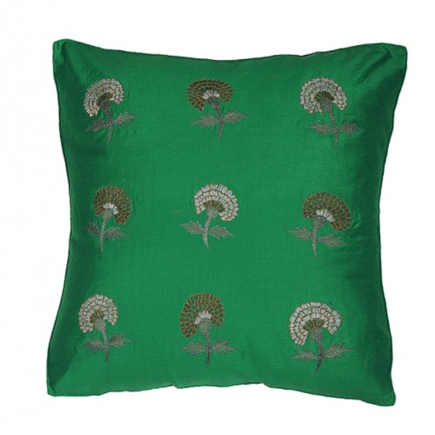 Marigold Embroidered Tassar Silk 12x12 Green Cushion Cover