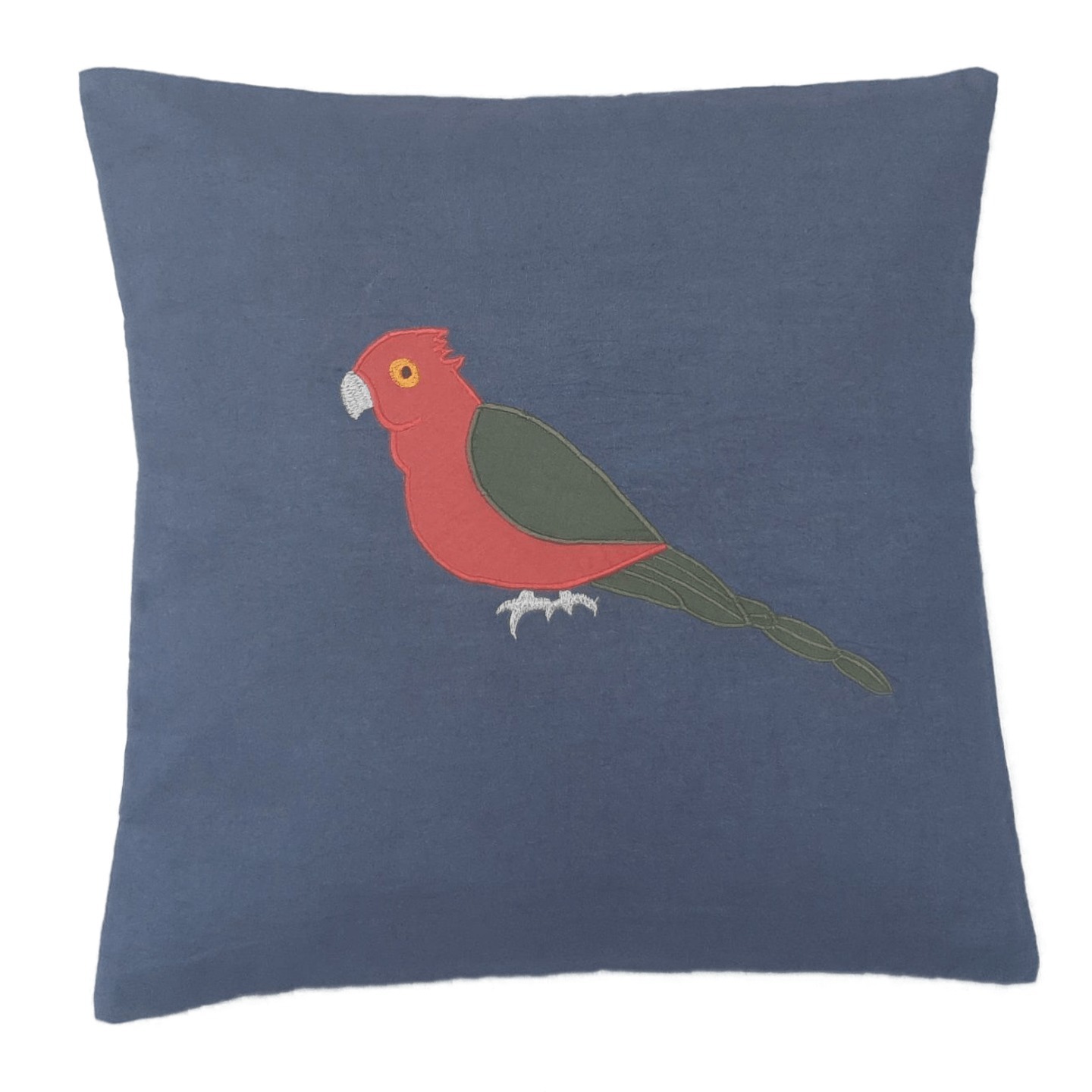 Parrot Embroidered Patchwork Linen 16x16 Blue Cushion Cover