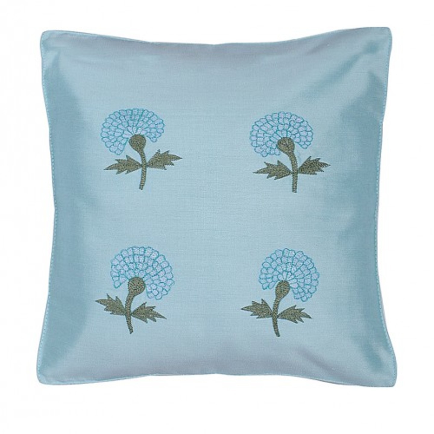 Marigold Embroidered Tassar Silk 12x12 Blue Cushion Cover