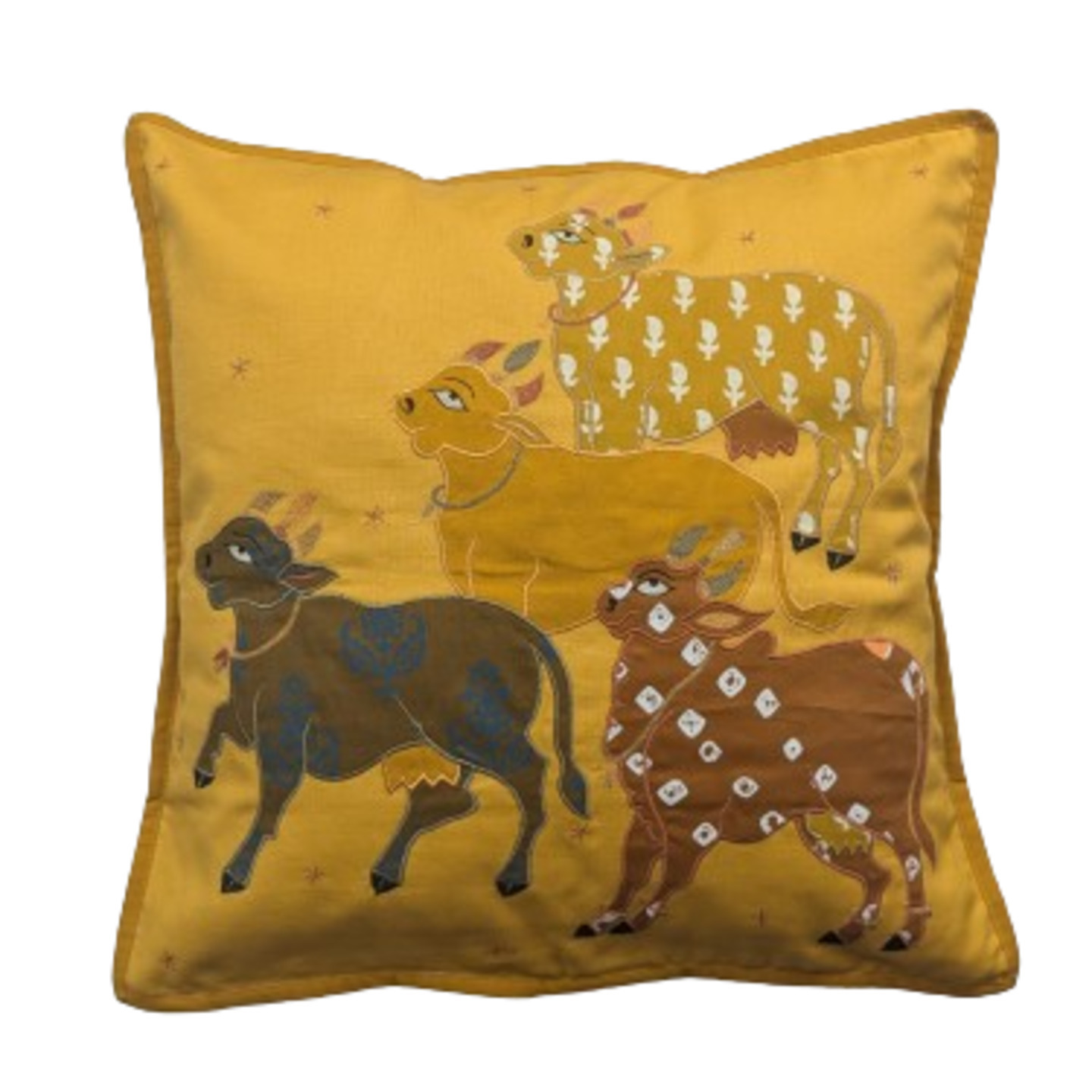 Nandi Embroidered Patchwork Dupion Silk 16x16 Yellow Cushion Cover