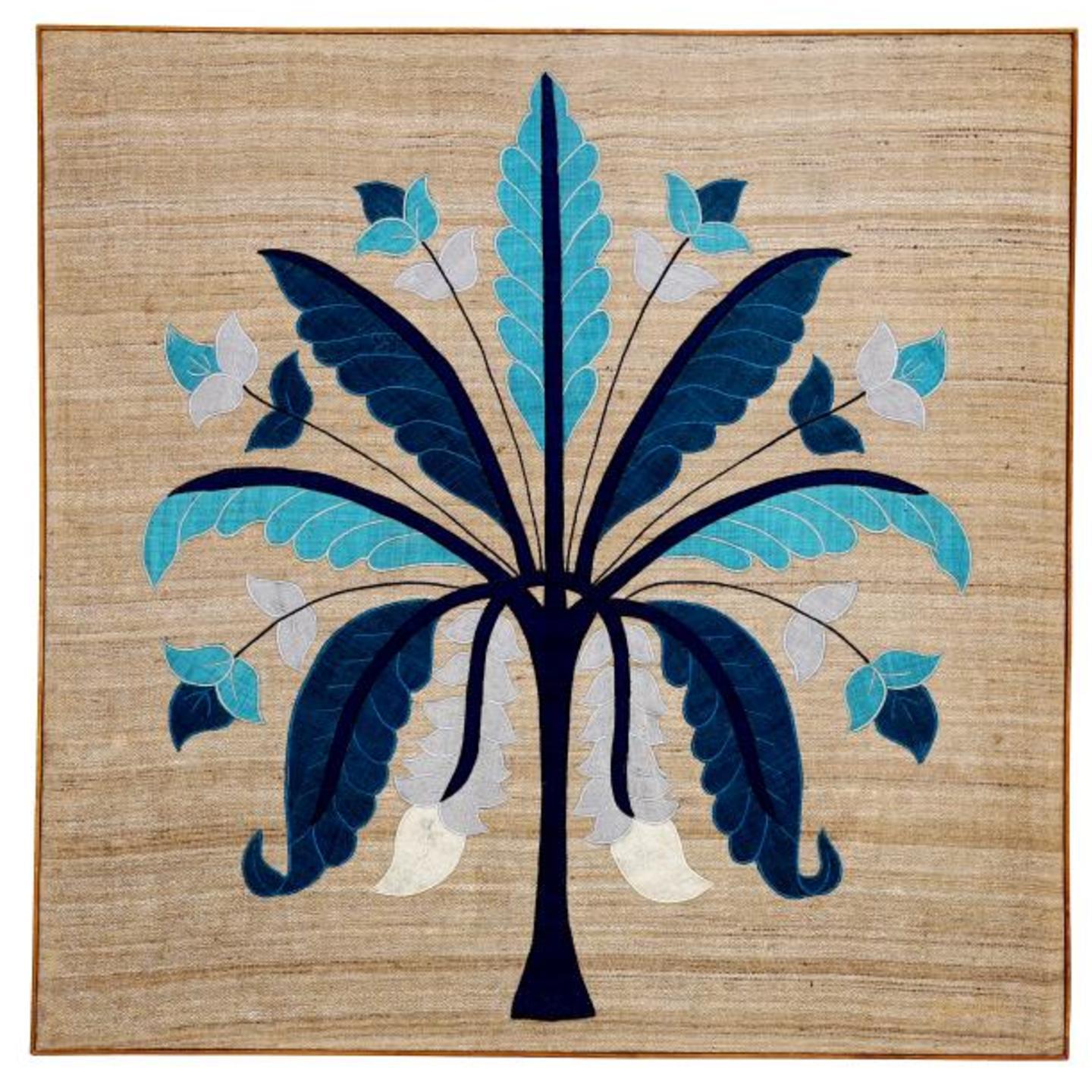 Banana Tree Embroidered Patchwork MG Silk 36x36 Blue Wall Art