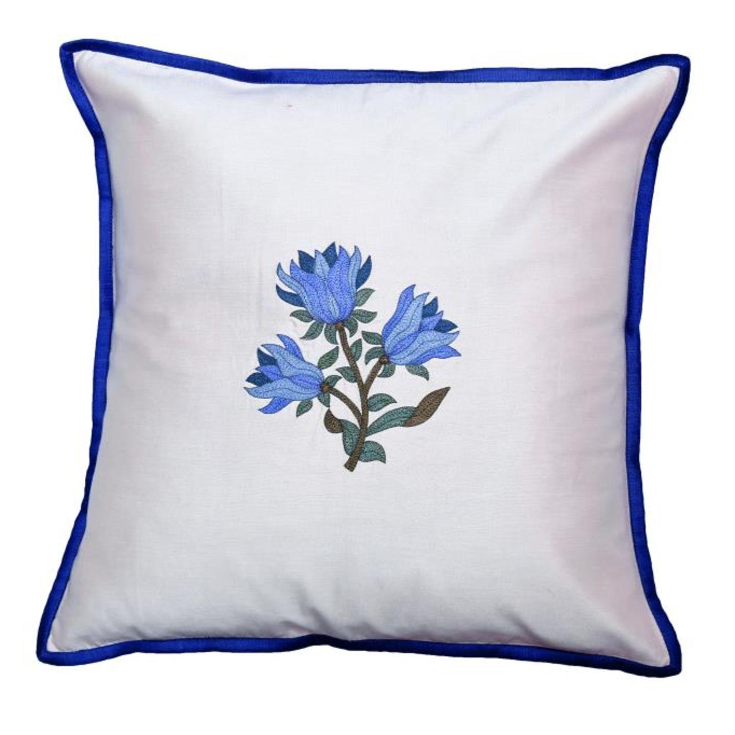 Floral Embroidered Tassar Silk 16x16 Blue Cushion Cover