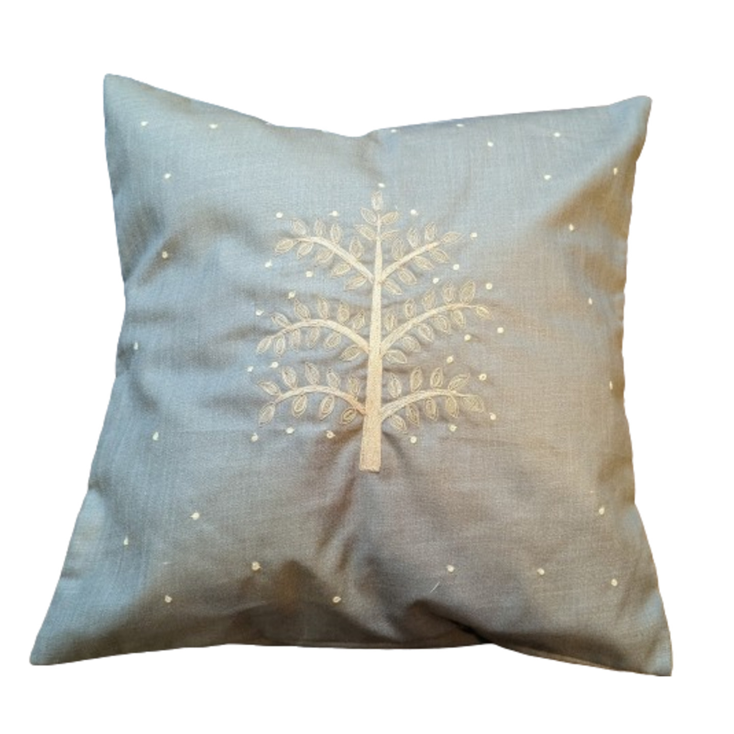 Neem Tree Embroidered Tassar Silk 16x16 Grey Cushion Cover
