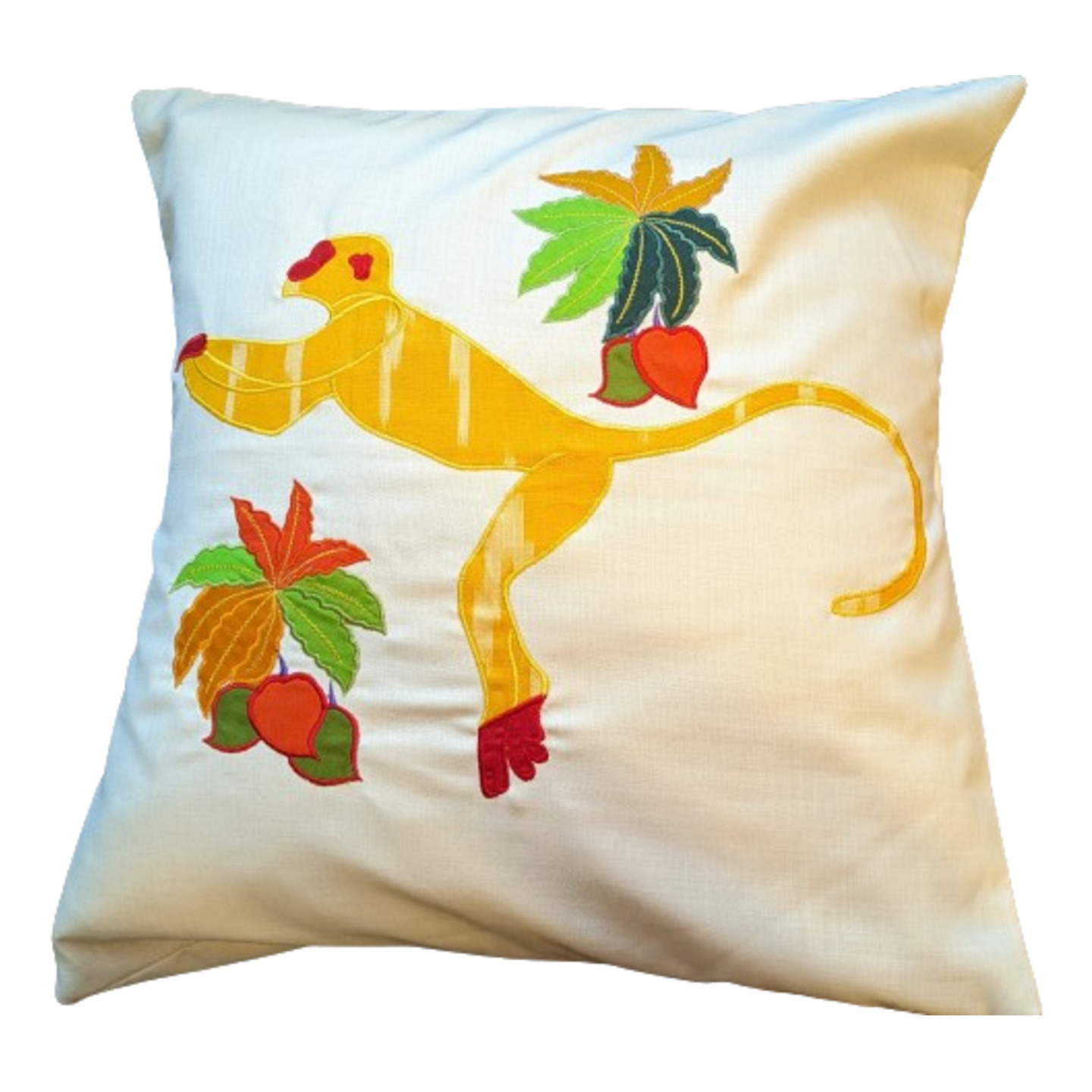 Monkey Embroidered Patchwork Silk 16x16 Yellow Ikat Cushion Cover