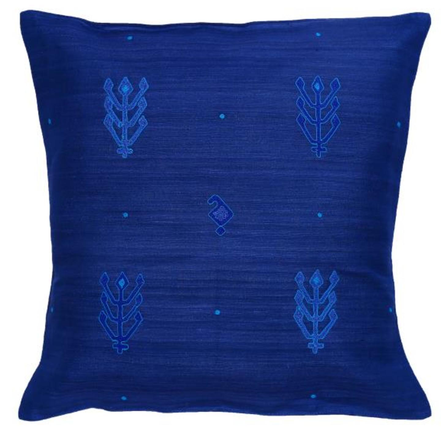 Kilim Embroidered Tassar Silk 16x16 Blue Cushion Cover