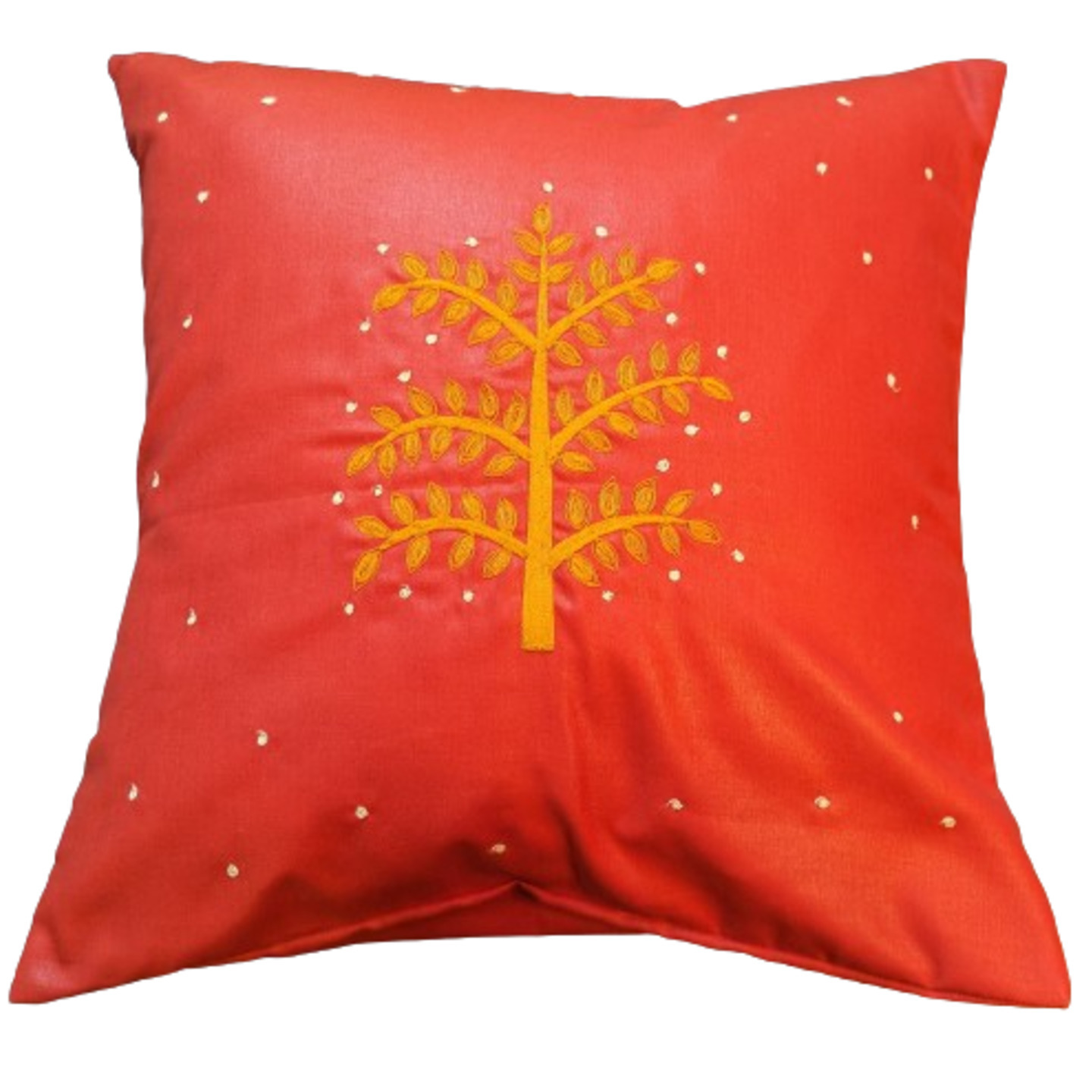 Neem Tree Embroidered Tassar Silk 16x16 Red Cushion Cover