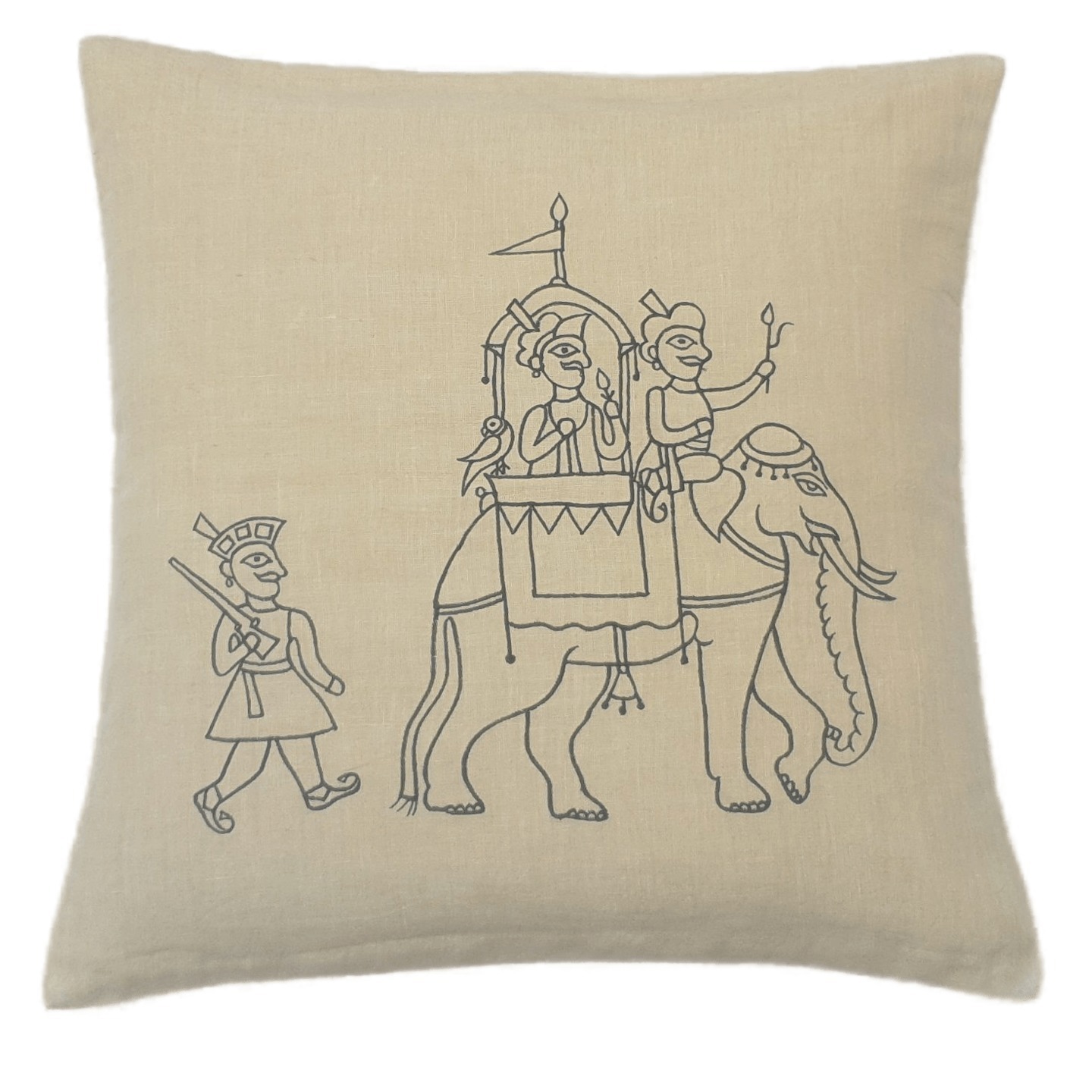 Elephant Embroidered Linen 16x16 Beige Cushion Cover