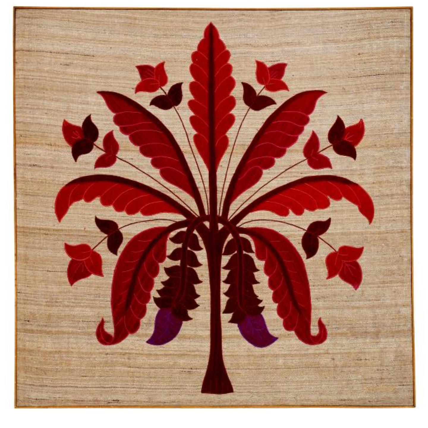 Banana Tree Embroidered Patchwork MG Silk 36x36 Red Wall Art