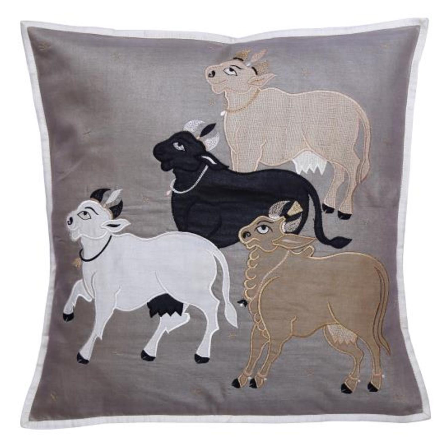 Nandi Embroidered Patchwork Dupion Silk 16x16 Steel Grey Cushion Cover