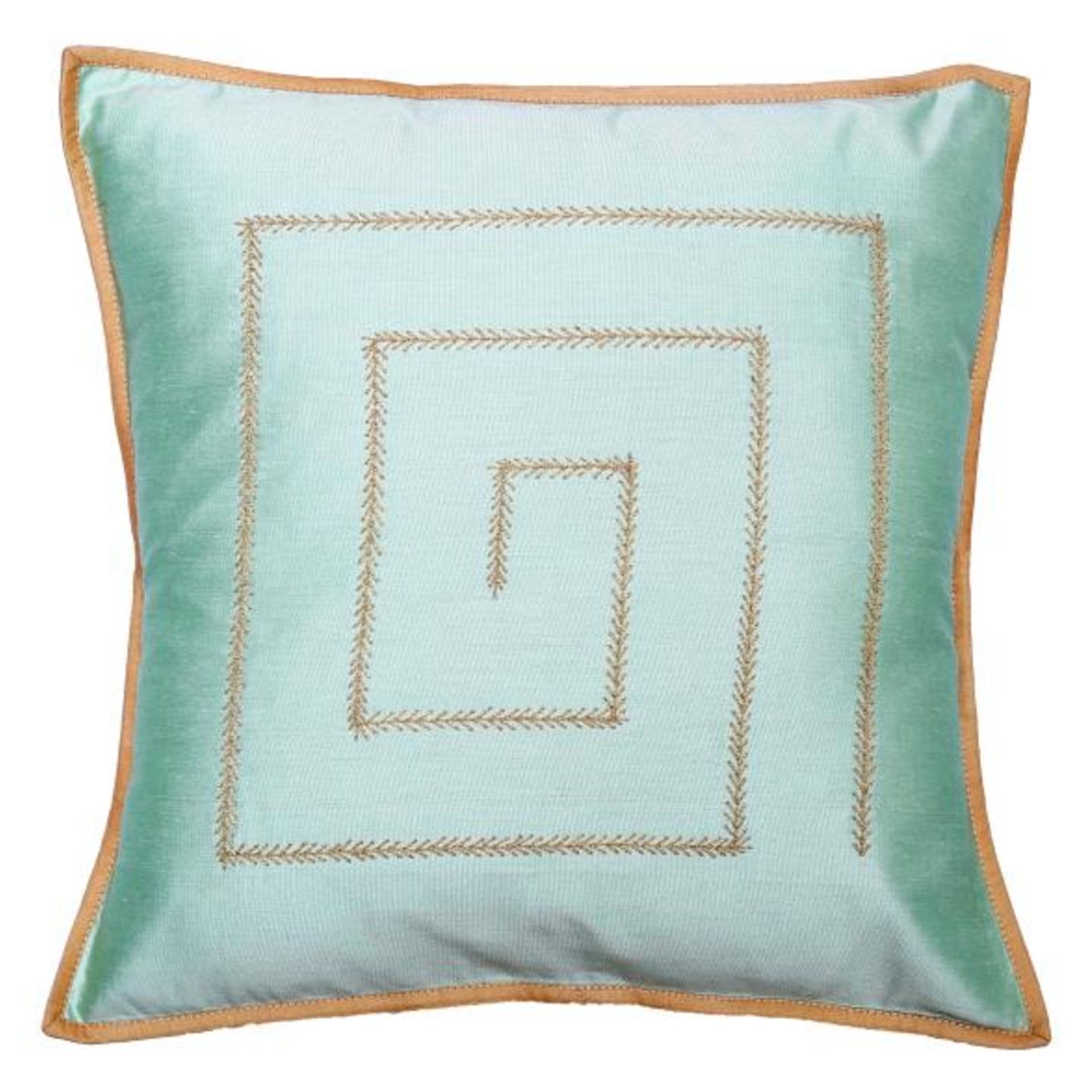 Kantha Embroidered Tassar Silk 16x16 Green Cushion Cover