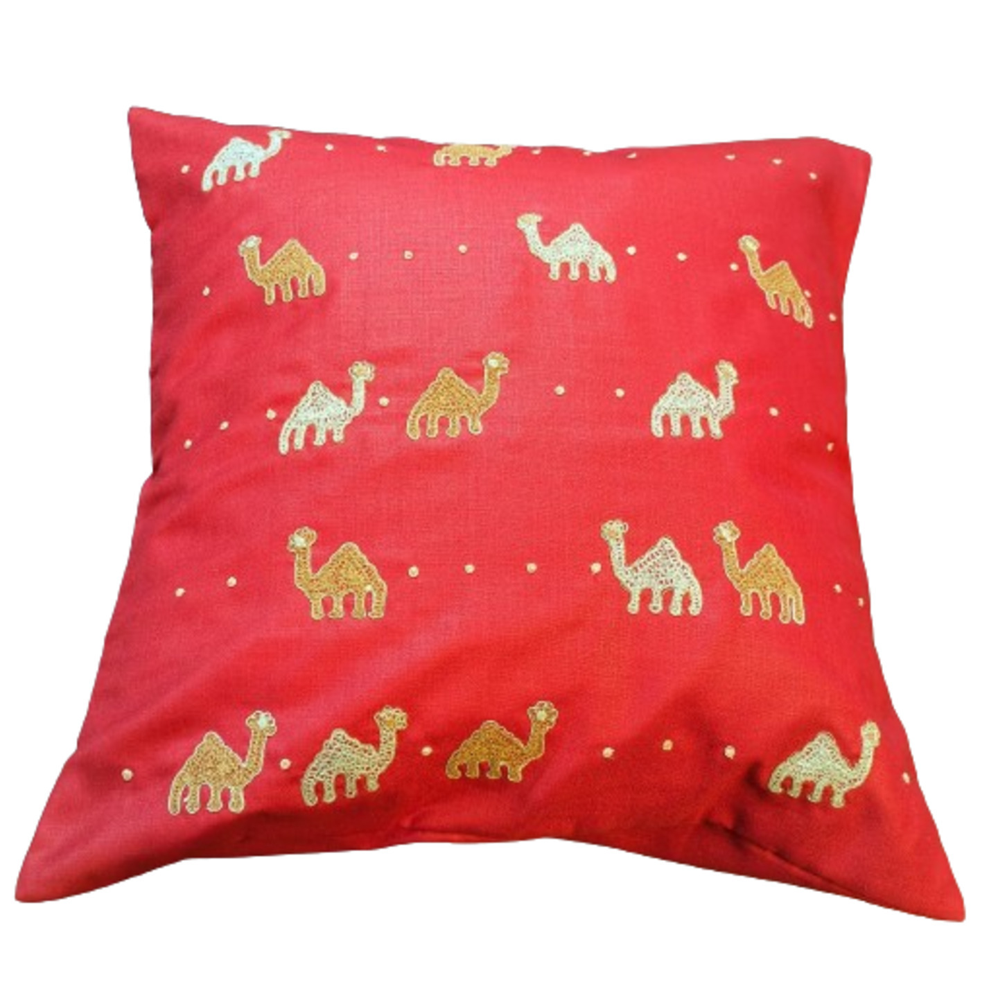 Camel Embroidered Tassar Silk 16x16 Red Cushion Cover