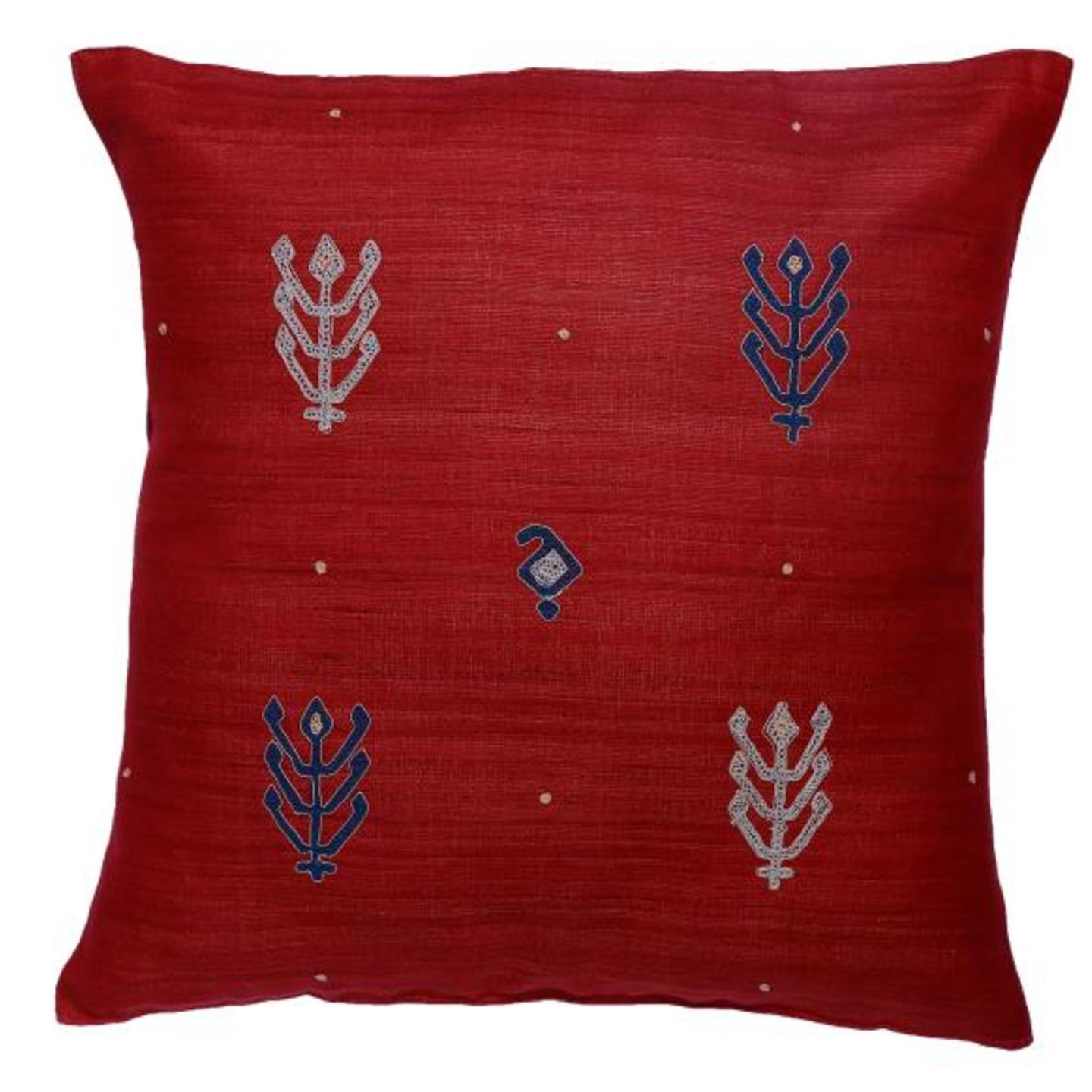 Kilim Embroidered Tassar Silk 16x16 Red Cushion Cover