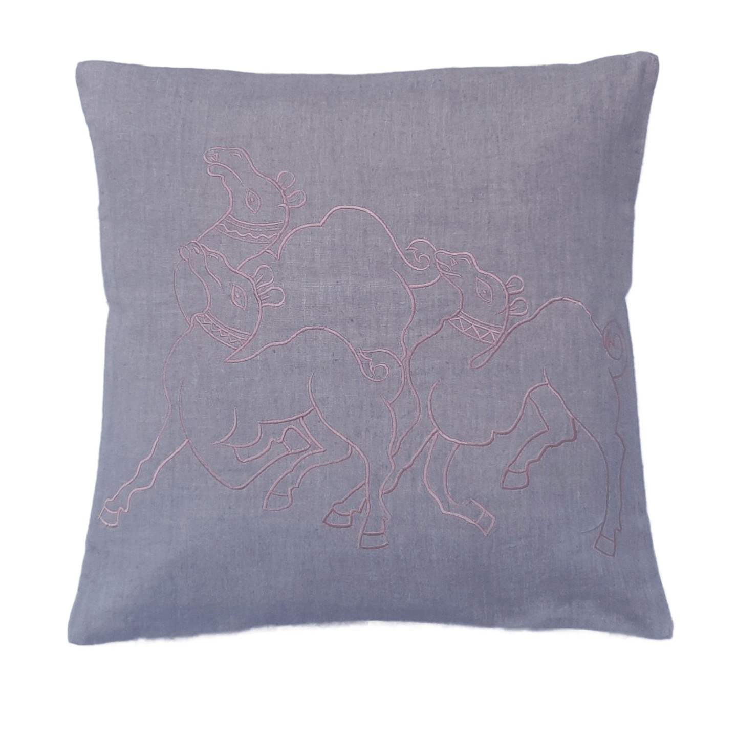 Camel Embroidered Linen 16x16 Grey Cushion Cover