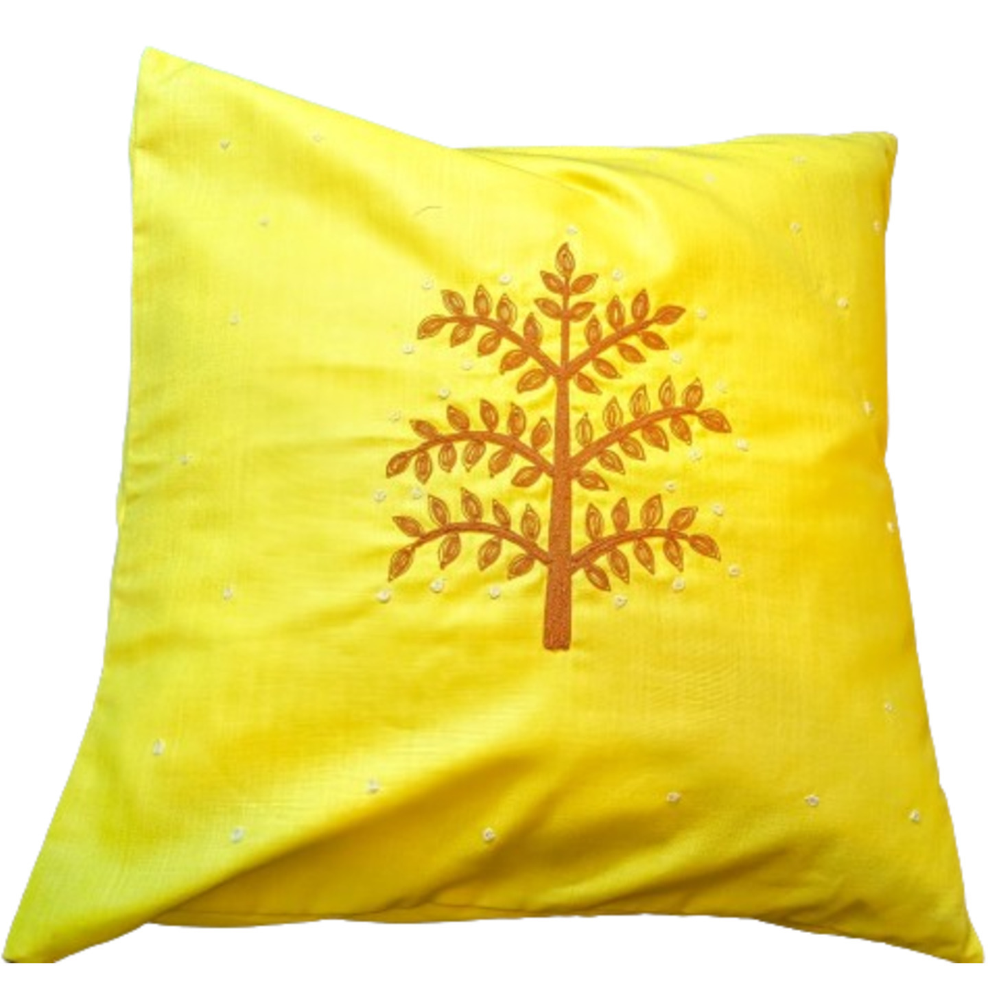 Neem Tree Embroidered Tassar Silk 16x16 Yellow Cushion Cover