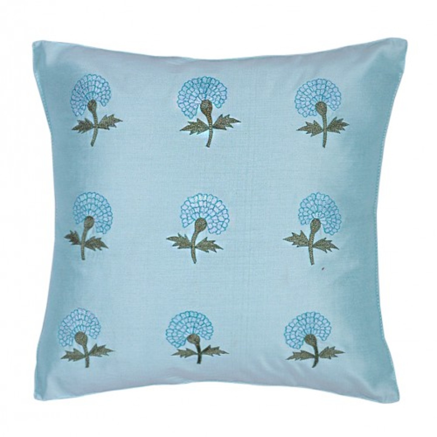 Marigold Embroidered Tassar Silk 16x16 Blue Cushion Cover
