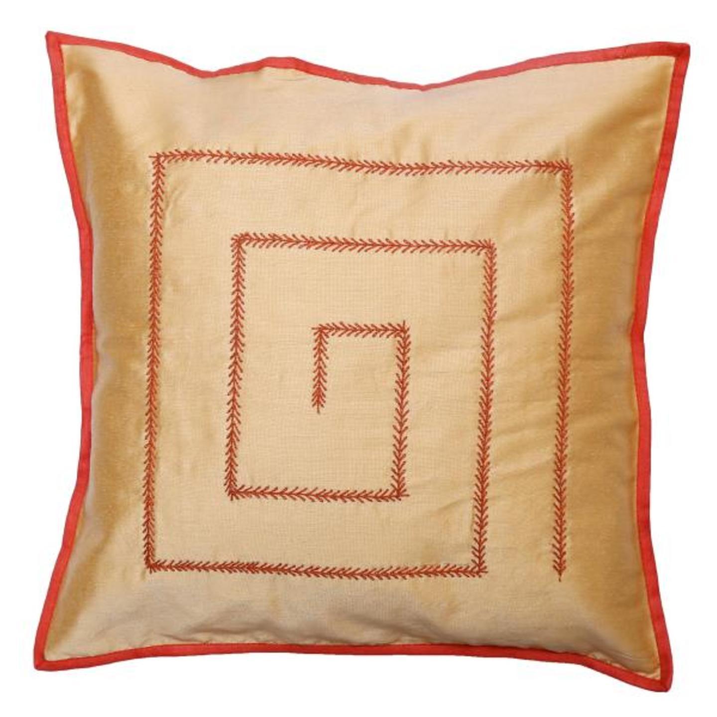 Kantha Embroidered Tassar Silk 16x16 Mustard Cushion Cover