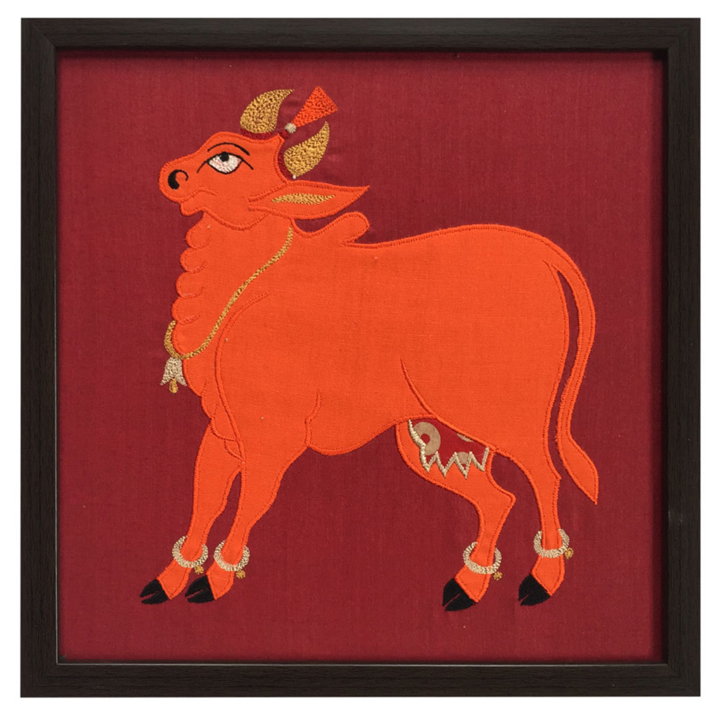 Nandi Embroidered Patchwork Dupion Silk 10x10 Red Wall Art
