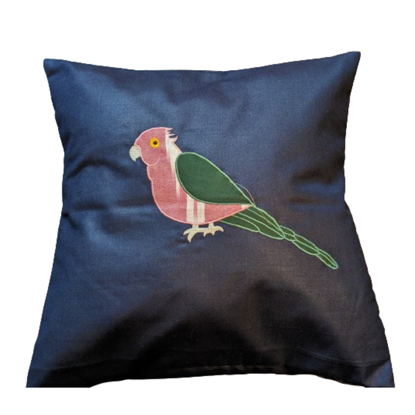 Parrot Embroidered Patchwork Silk 16x16 Blue Cushion Cover