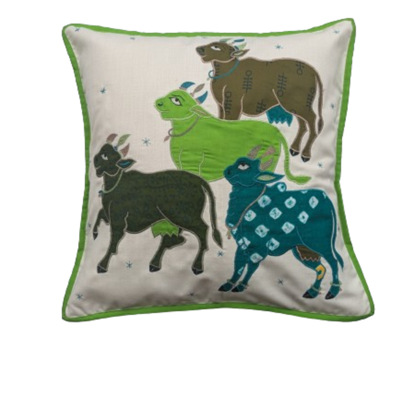 Nandi Embroidered Patchwork Dupion Silk 16x16 Creme & Green Cushion Cover