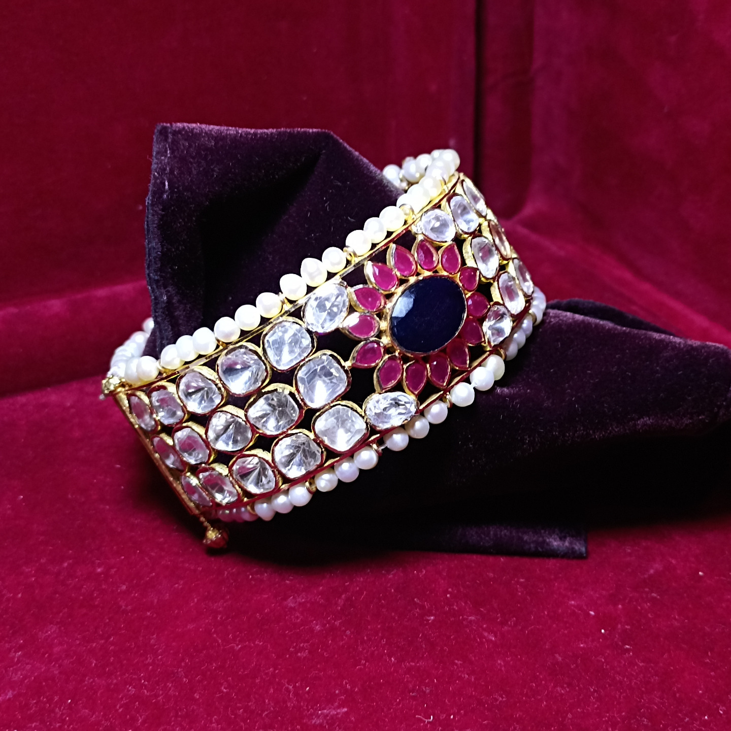 Open Polki Bangle With Emerald and Blue Sapphire