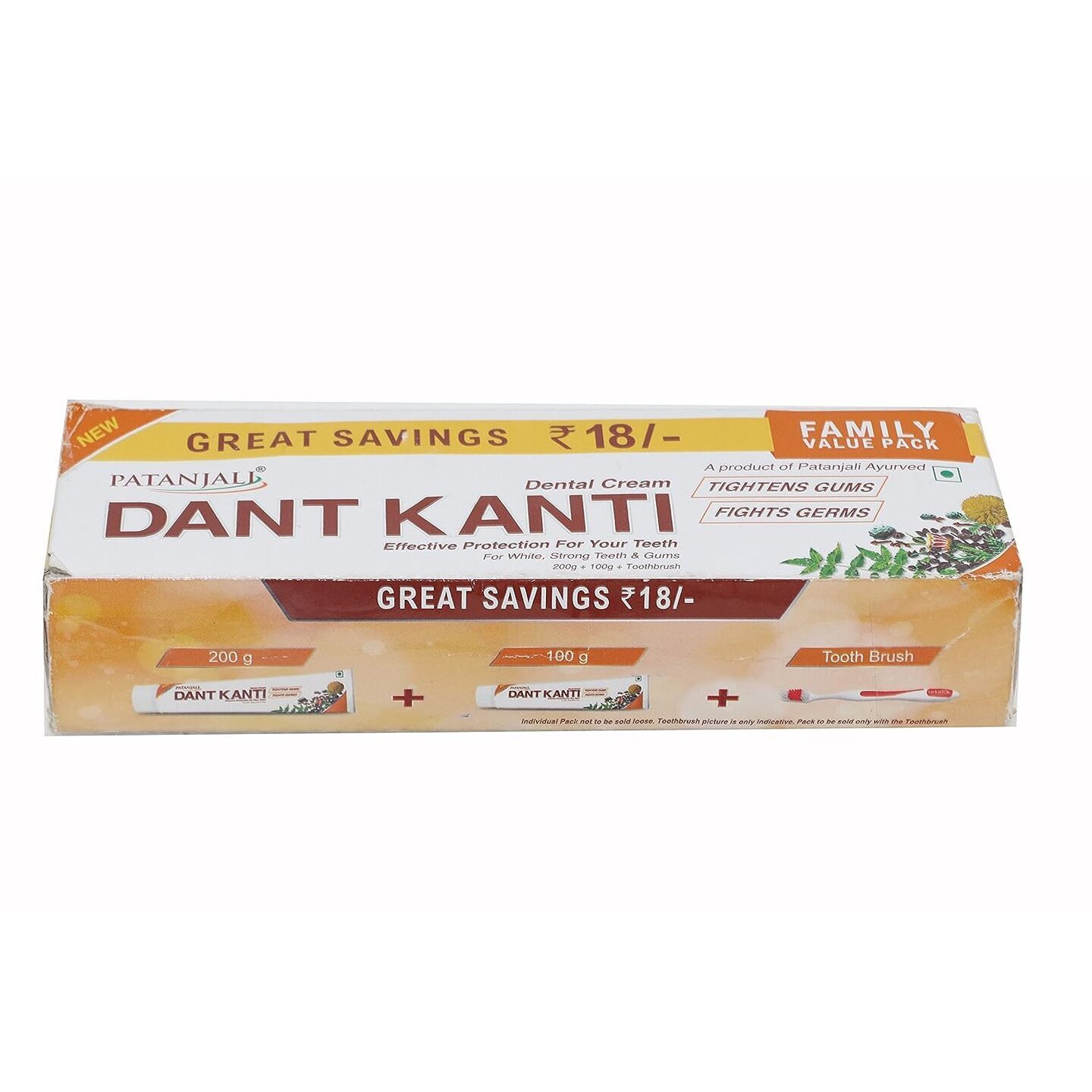 Patanjali Dant Kanti Toothpaste Value Pack 200g x 1N and 100g x 1N  300 g and Toothbrush for Cavity Protection, Eliminates Bad Breath, Gingivitis Prevention