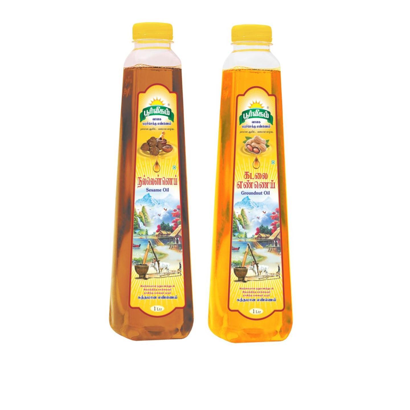 Poorvigam Wood Pressed Oils 1 LTR Combo Groundnut Oil  Sesame Oil  Pack Of 2