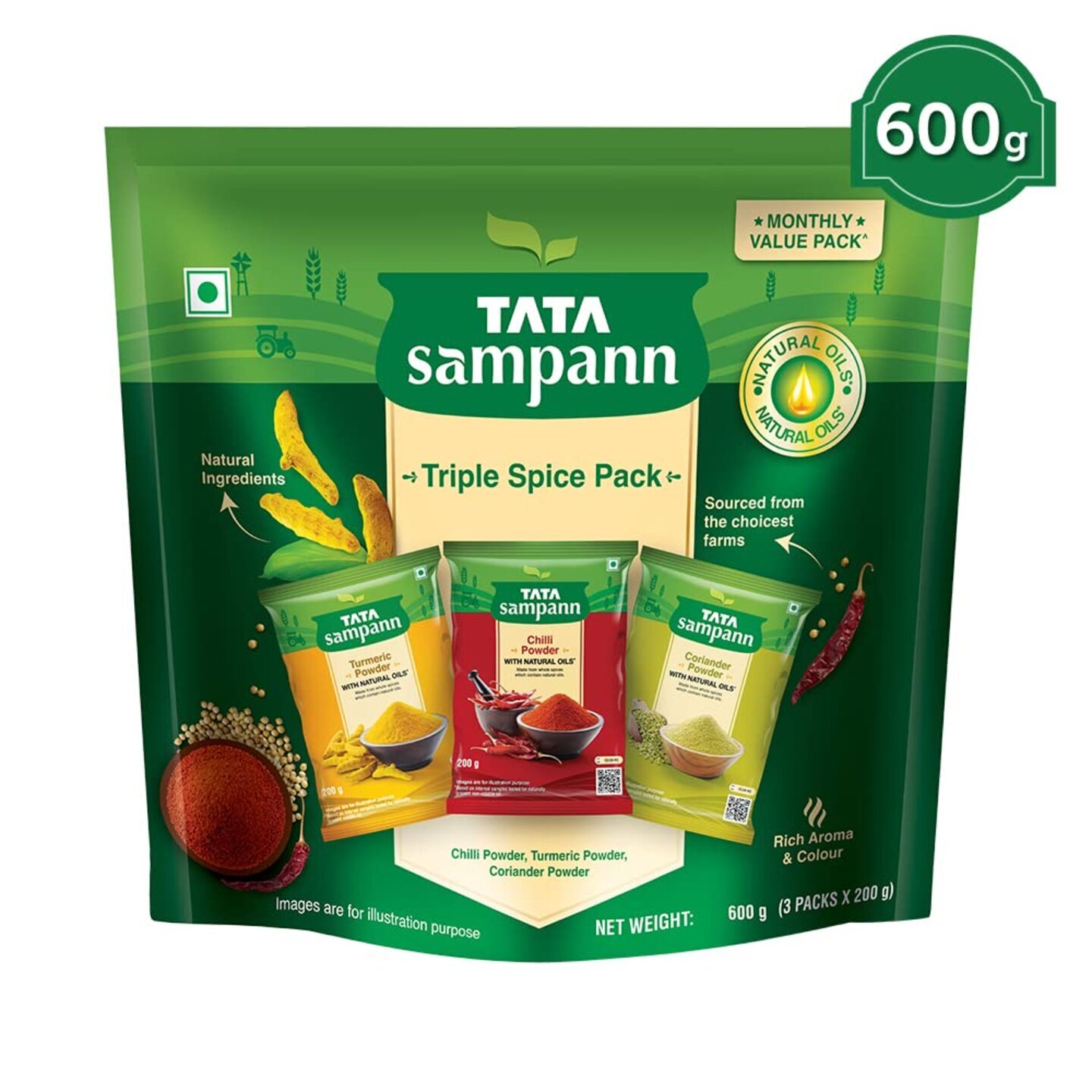 Tata Sampann Triple Spice Pack  Chilli Powder 200g Turmeric Powder 200g  Coriander Powder 200g  Monthly Value Pack  600g