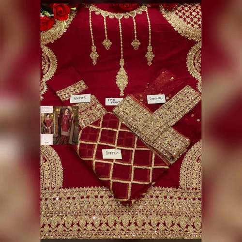 Pakistani Designer Women Fox Georgette Heavy Embroidery Dress Material Maroon