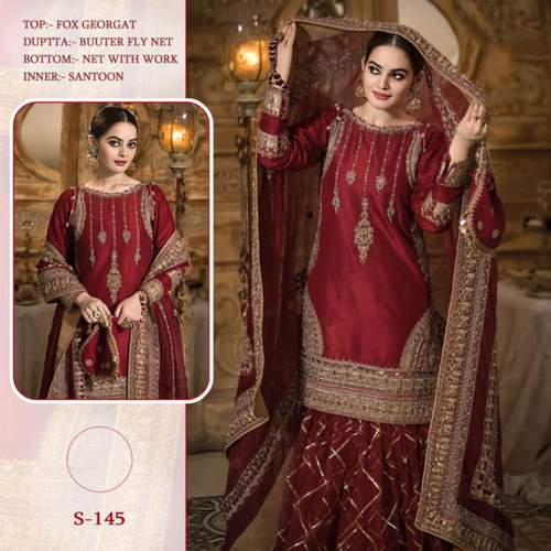 Pakistani Designer Women Fox Georgette Heavy Embroidery Dress Material Maroon