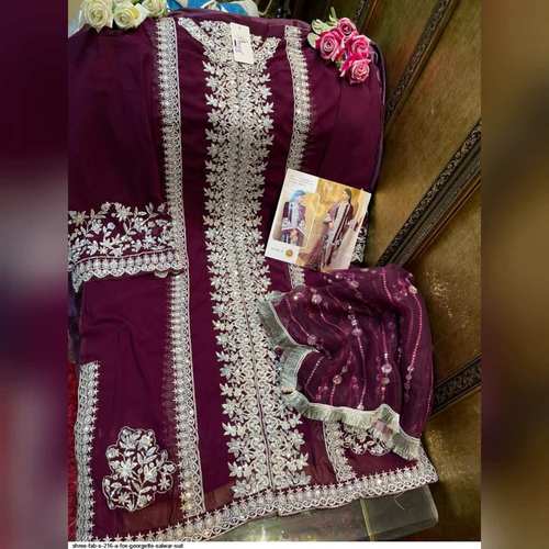 Pakistani Designer Women Fox Georgette Heavy Embroidery Dress Material Purple