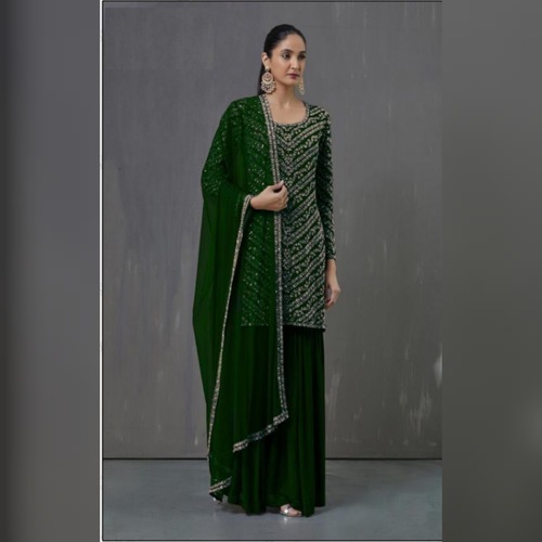 Pakistani Designer Women Fox Georgette Heavy Embroidery Dress Material Dark Green
