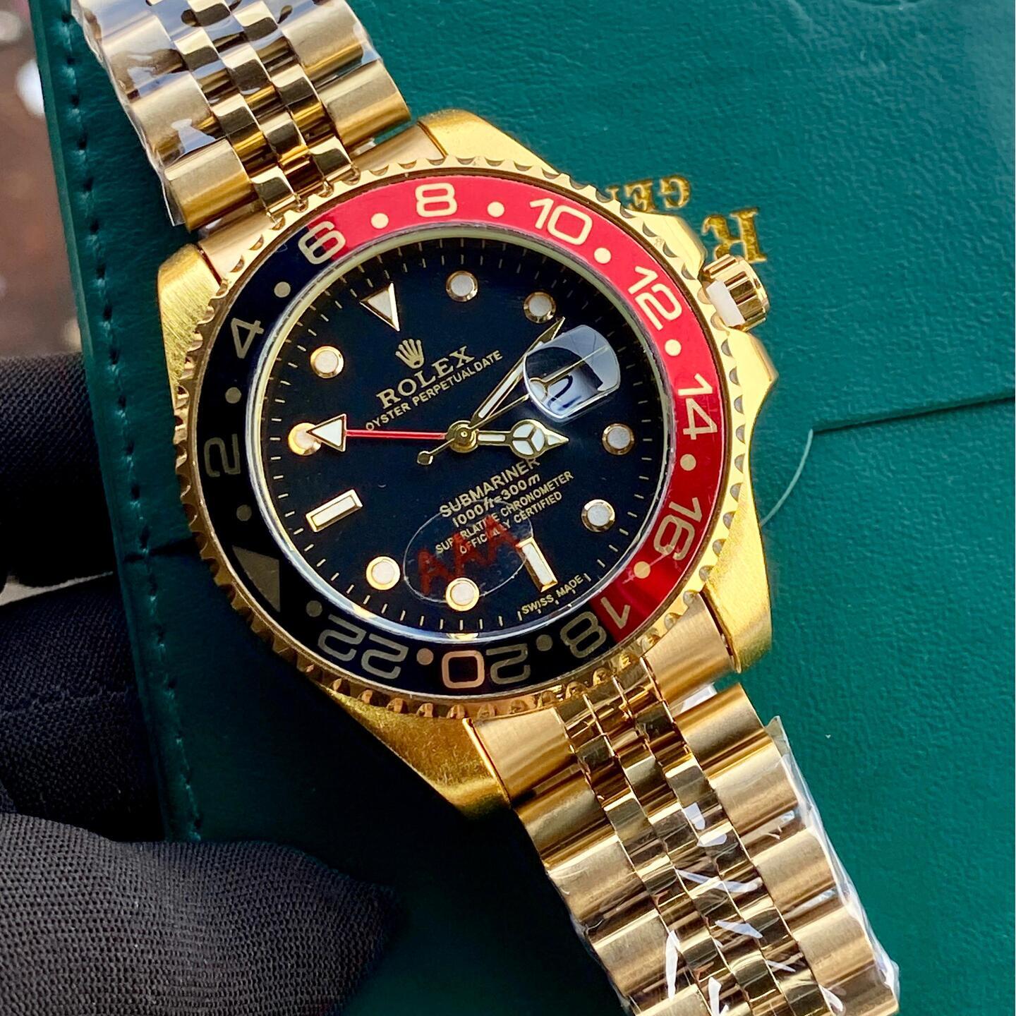 Mens  Rolex Rainbow Submariner with Gold Belt with Navy Blue Red Rim