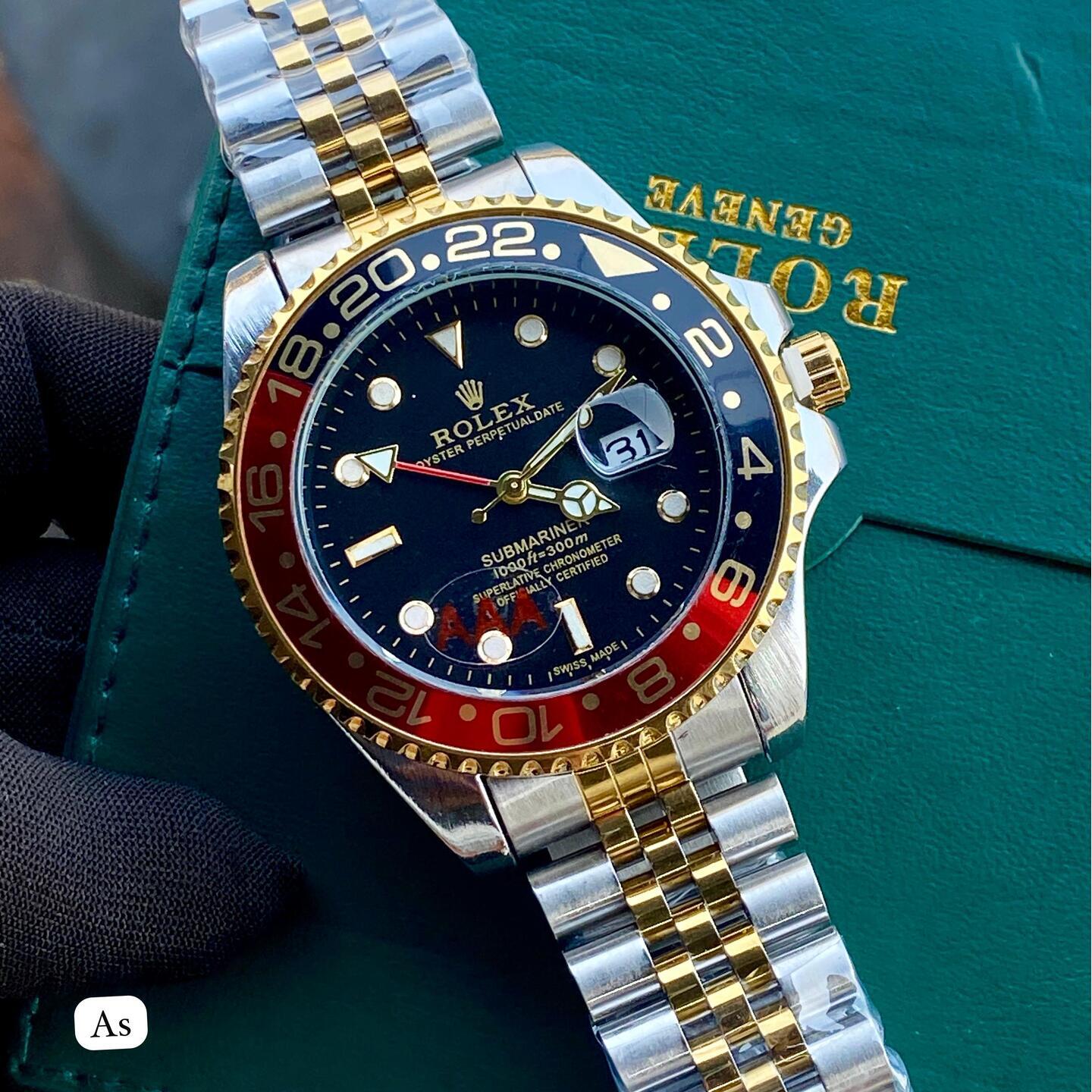 Mens  Rolex Rainbow Submariner with Silver Gold Belt with Red Navy Blue Rim