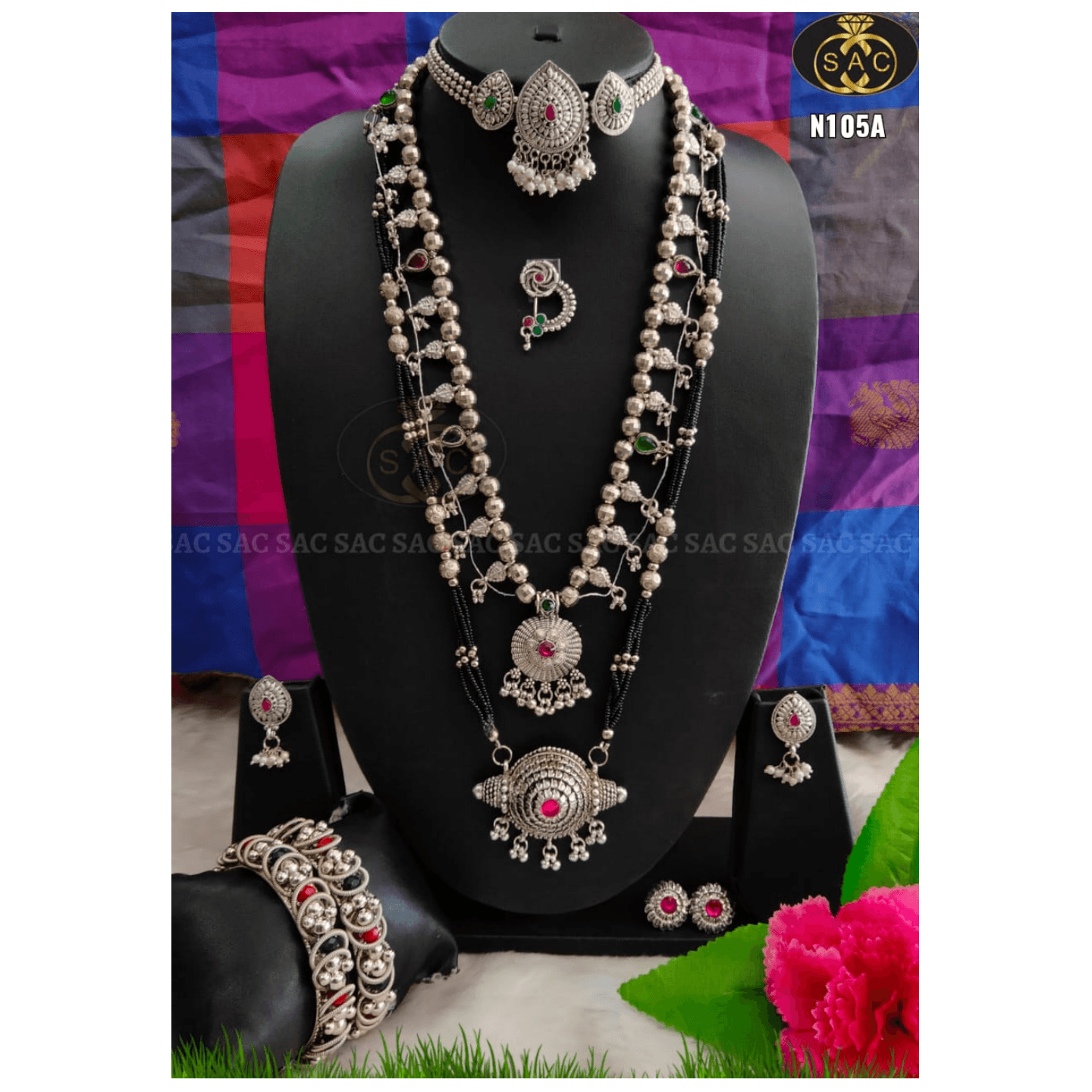 Silver Oxidised Combo Set - length 36 inch