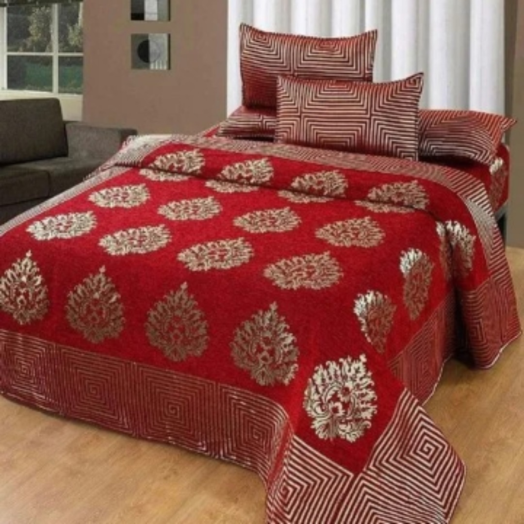 HomeStore-YEP Chennile Bedsheet with 2 Pillow Covers For Double Bed Size 90x100 Inches Red