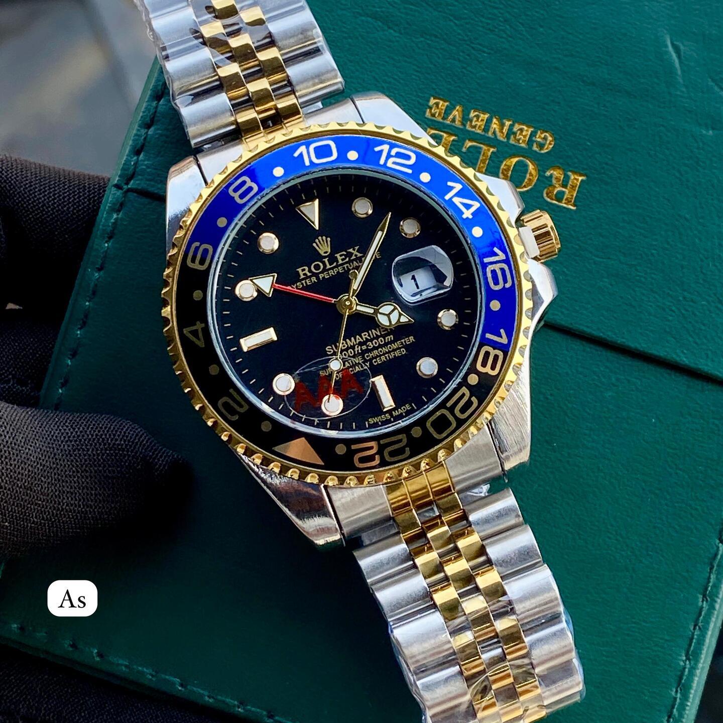 Mens  Rolex Rainbow Submariner with Silver Gold Belt with Black Blue Rim