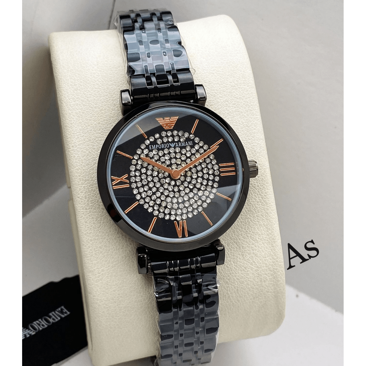 Ladies Black Belt Black Dial Armani Watch Gift  Engagement, anniversary, valentines day, mothers day for sister, wife,friend,mother, baby shower